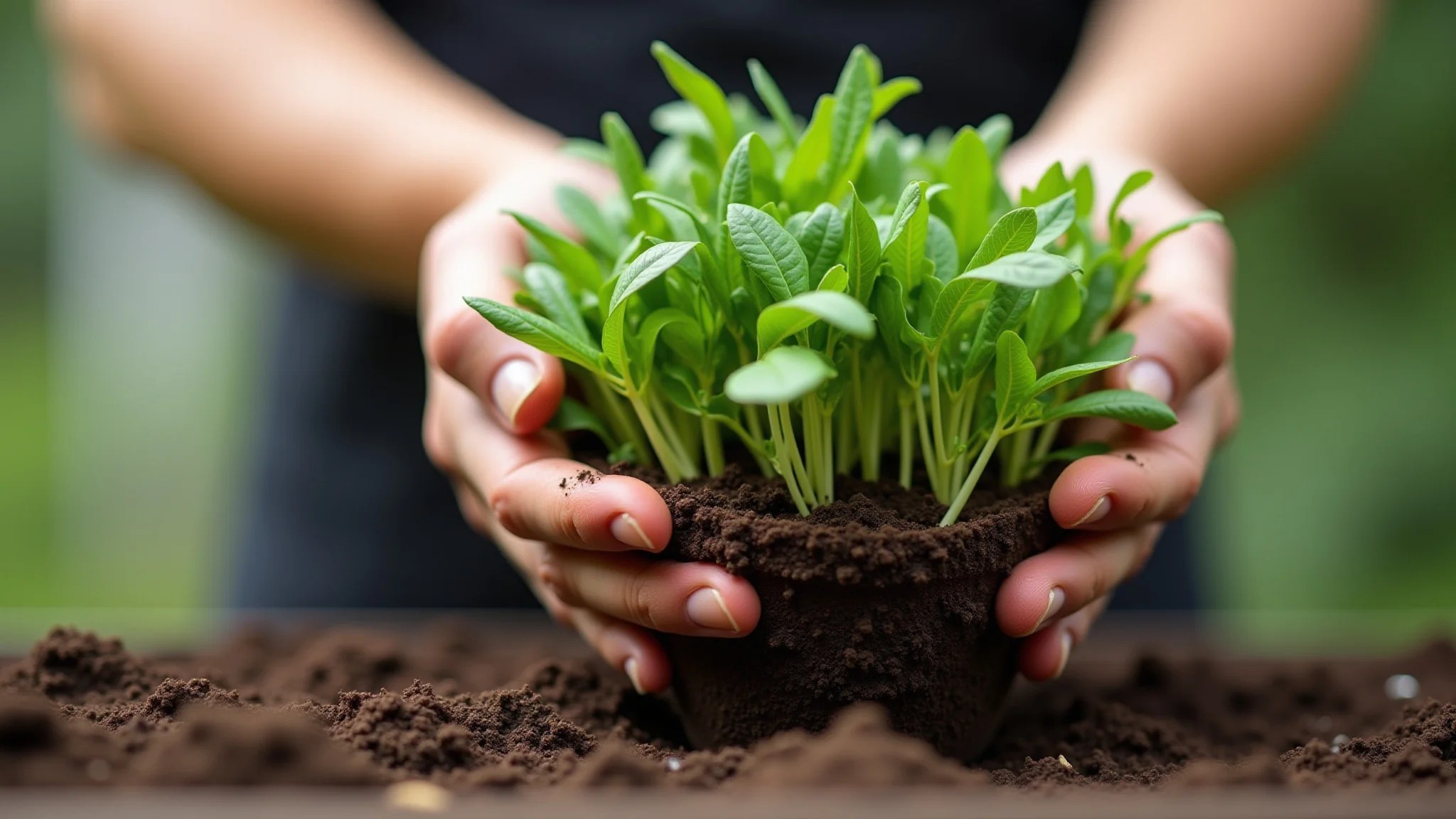Mãos plantando sementes de rúcula em vaso com terra rica.