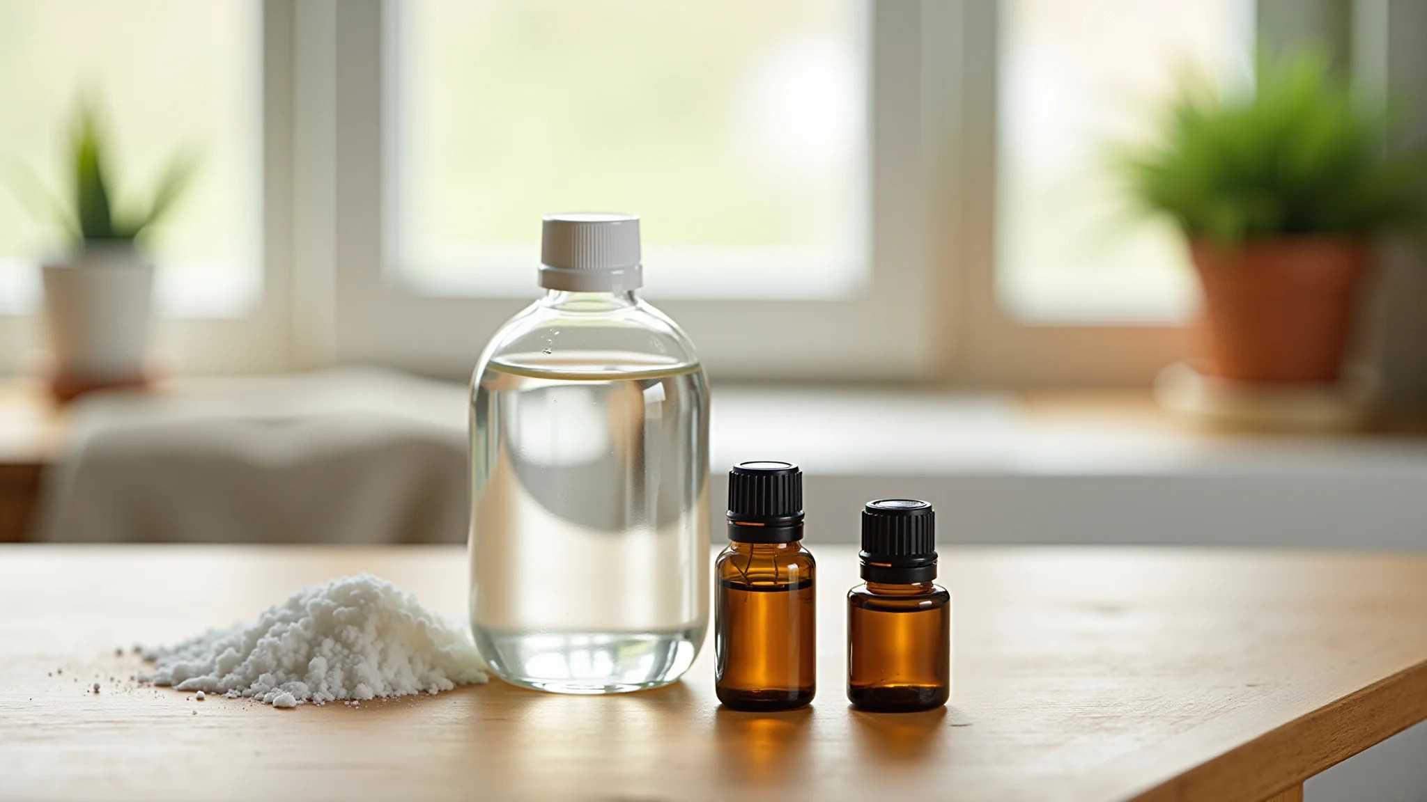 Ingredientes para amaciante caseiro: vinagre, óleos essenciais, bicarbonato.