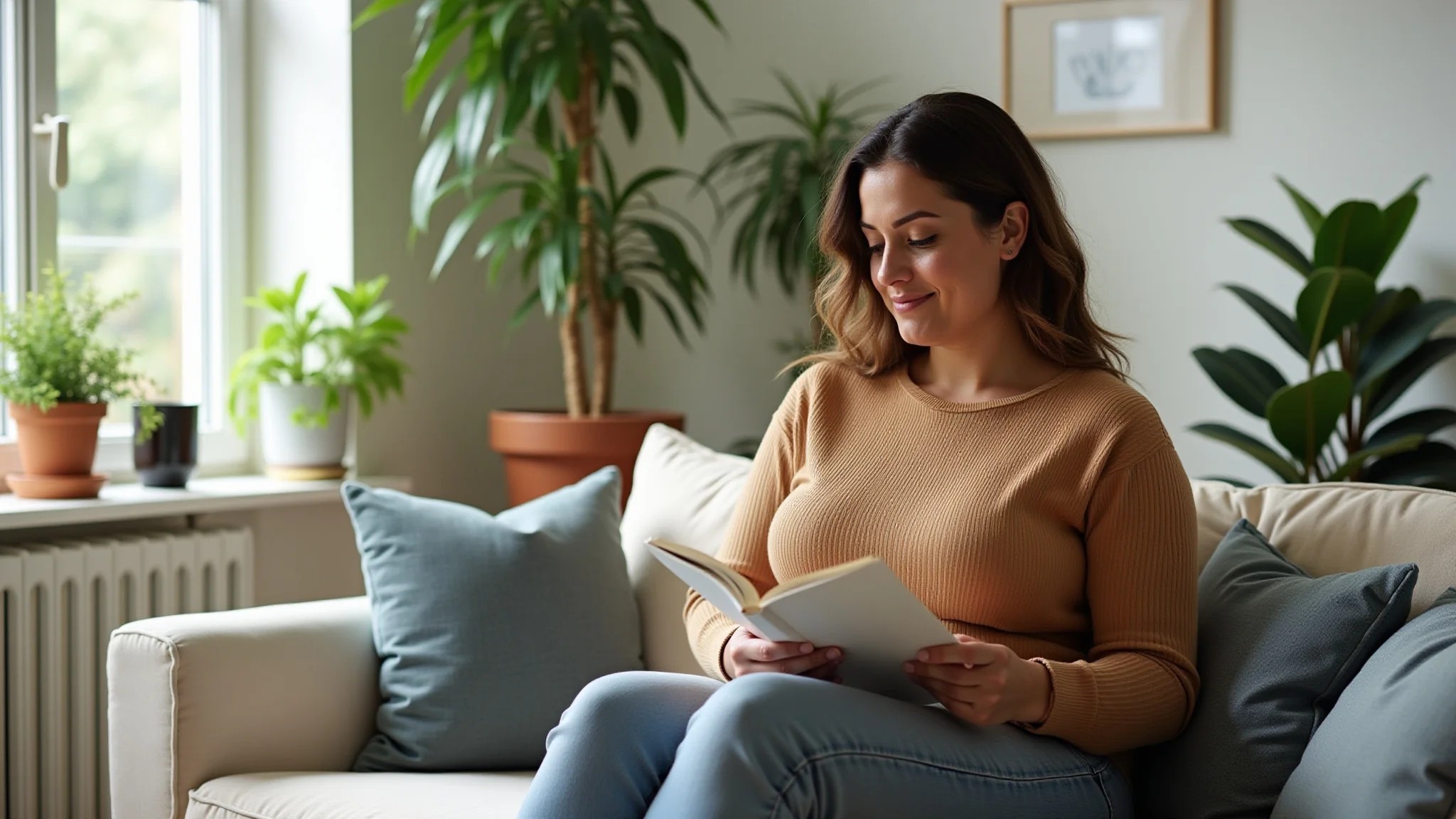 Sala integrada com plantas e luz natural, mulher plus-size lendo.
