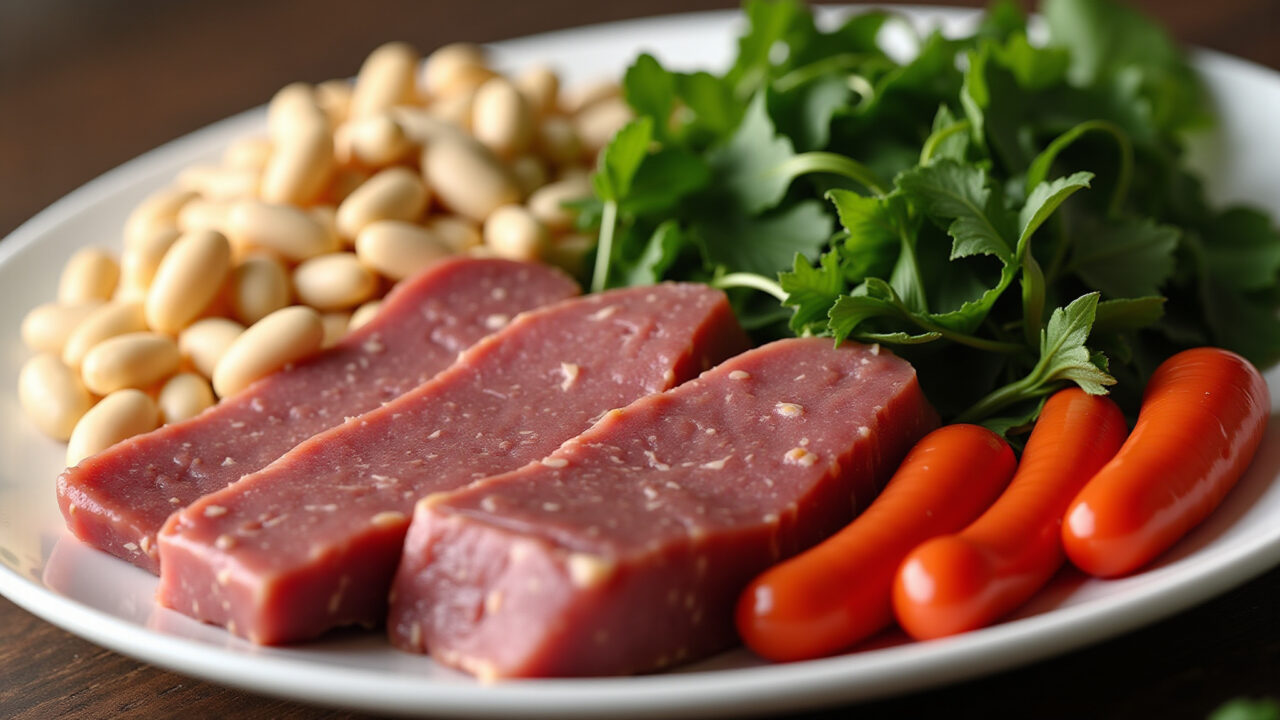 Alimentos ricos em ferro: carne vermelha, feijão, vegetais verde escuros.