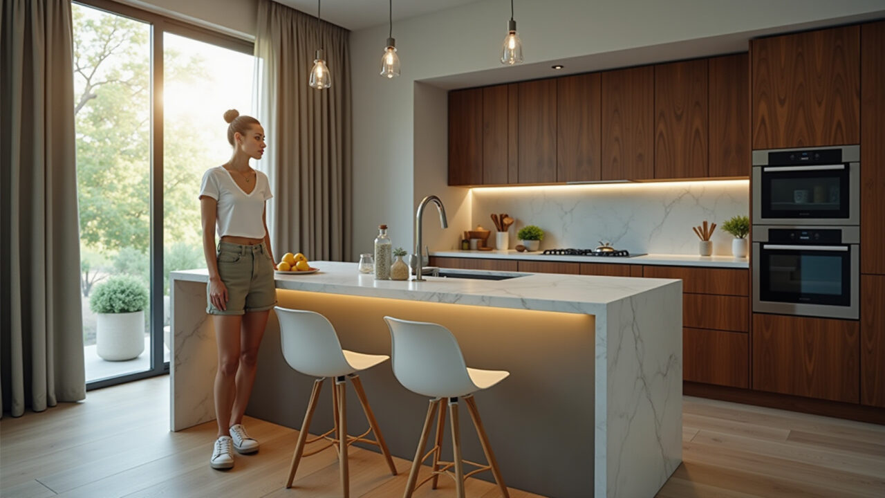 Iluminação embutida em ilha de cozinha para destacar a beleza dos móveis.