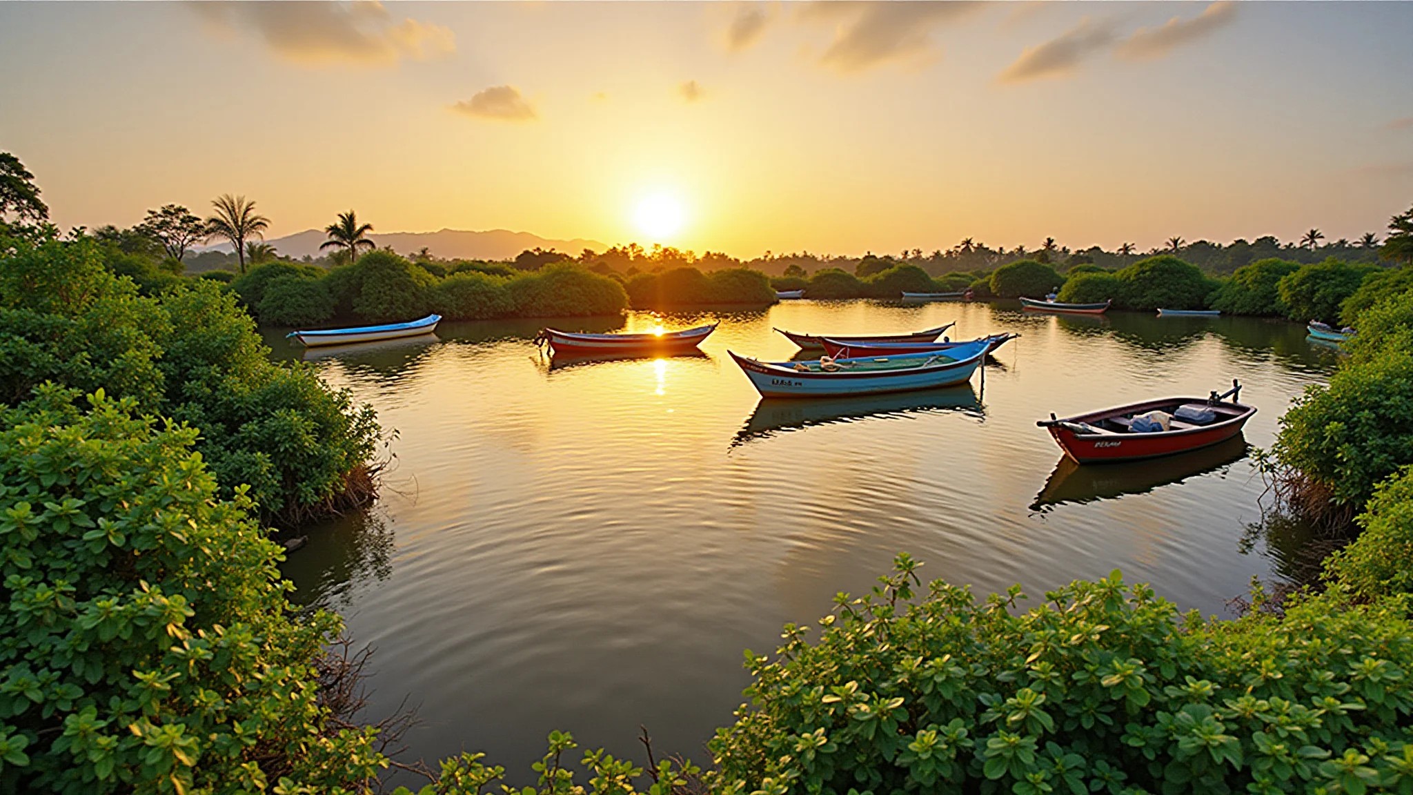 Lagoa Mundaú em Maceió ao pôr do sol com barcos coloridos e vegetação exuberante.