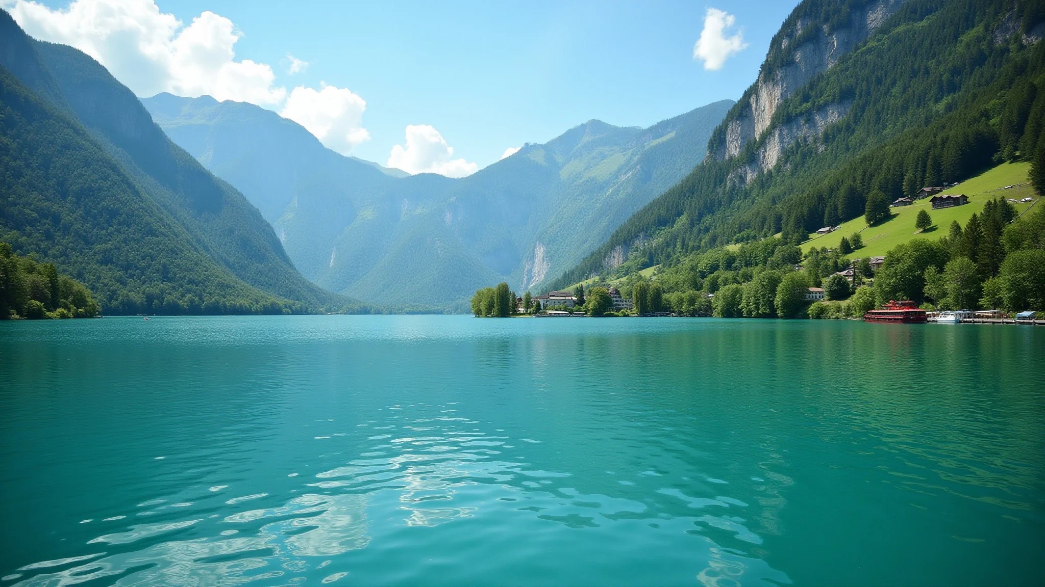 Lago Brienz, Suíça, verão, águas turquesa, montanhas verdes, cachoeira Giessbach.