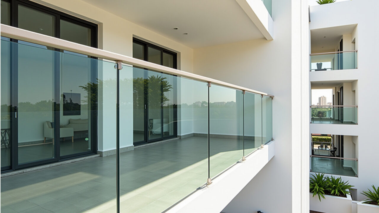 Sacada com guarda-corpo de vidro laminado, segurança e vista panorâmica.