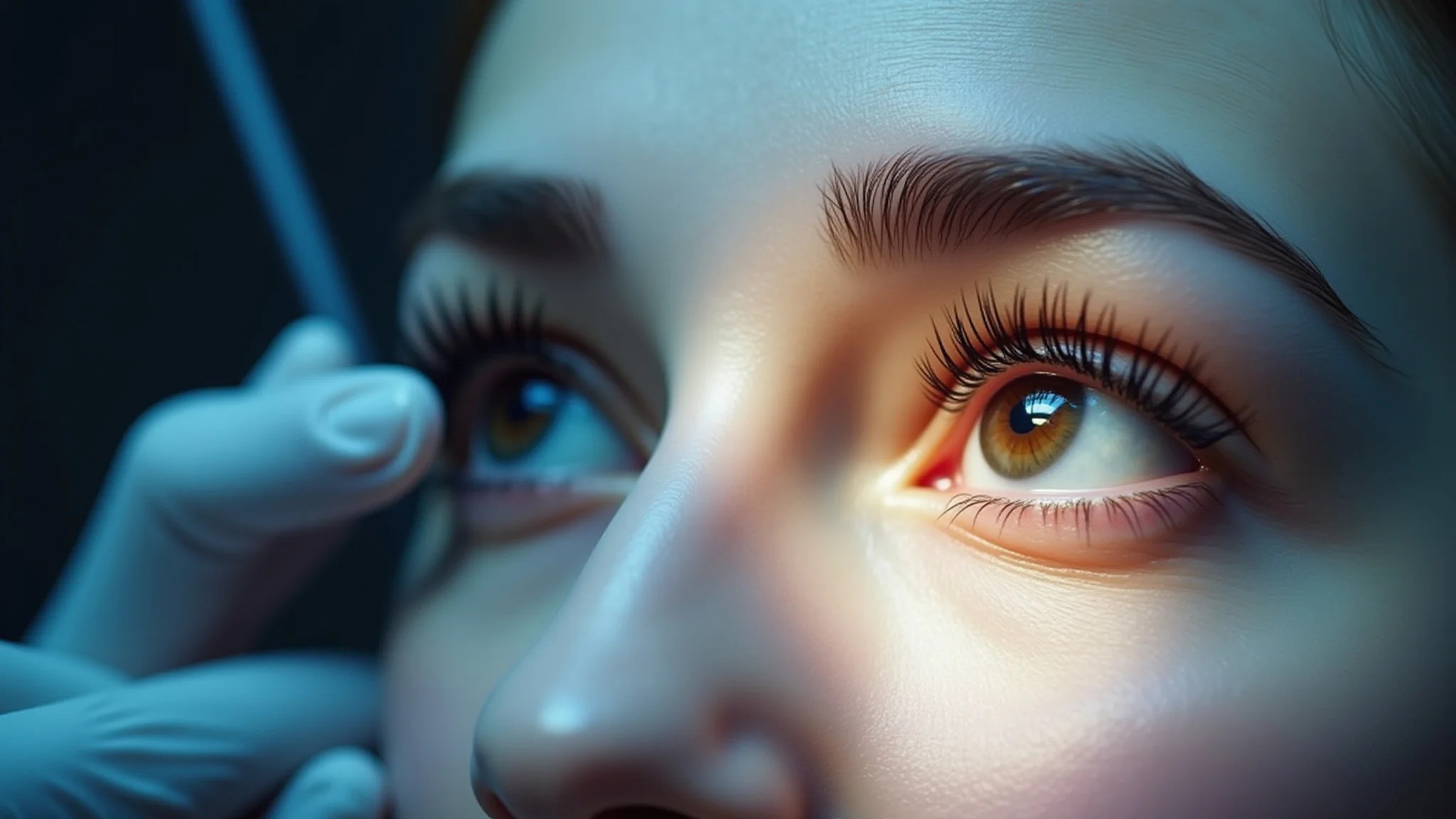 Procedimento de lash lifting em close-up, foco no olho.