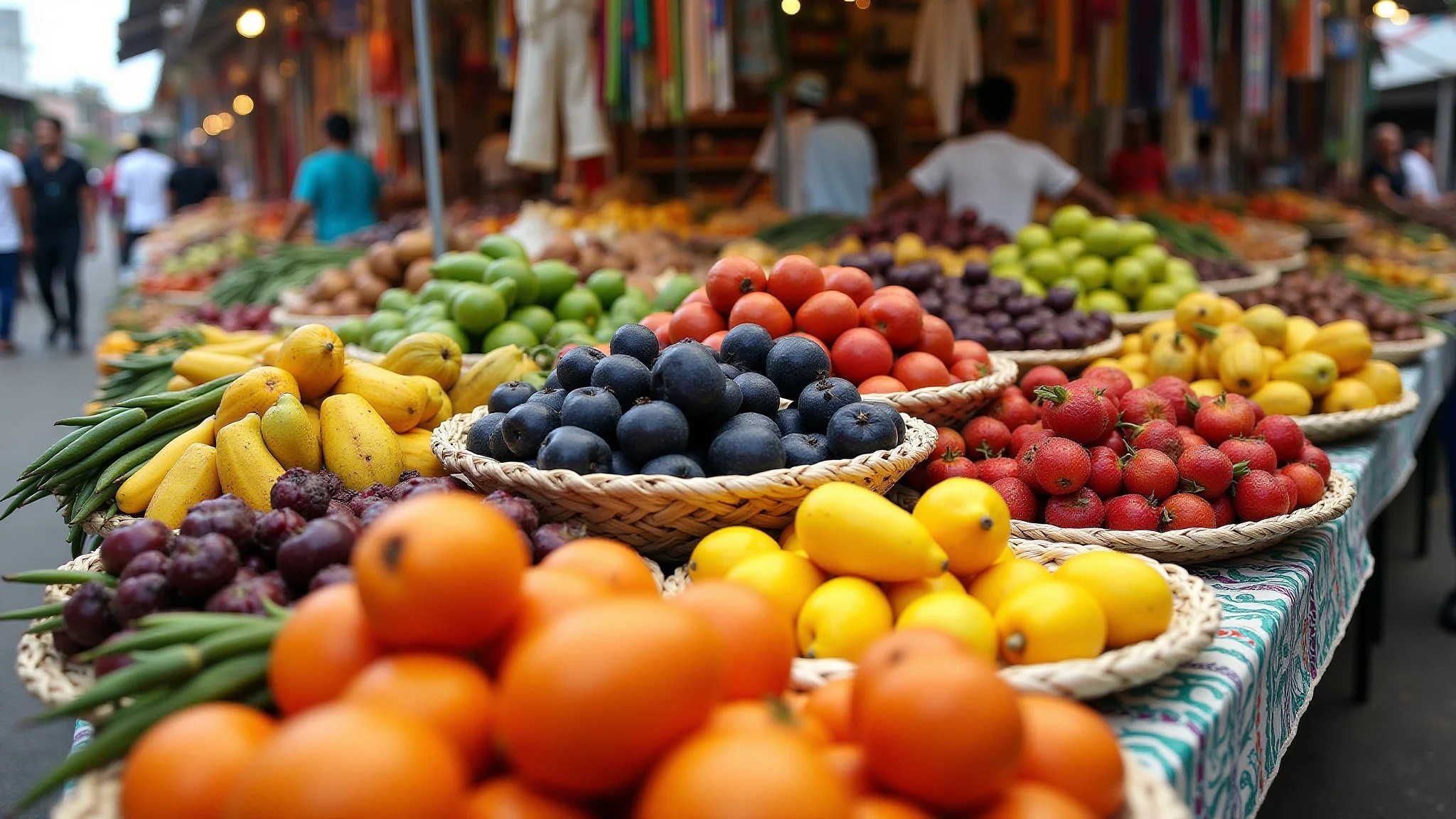 Mercado Adolpho Lisboa em Manaus, cores vibrantes, frutas exóticas e artesanato local.