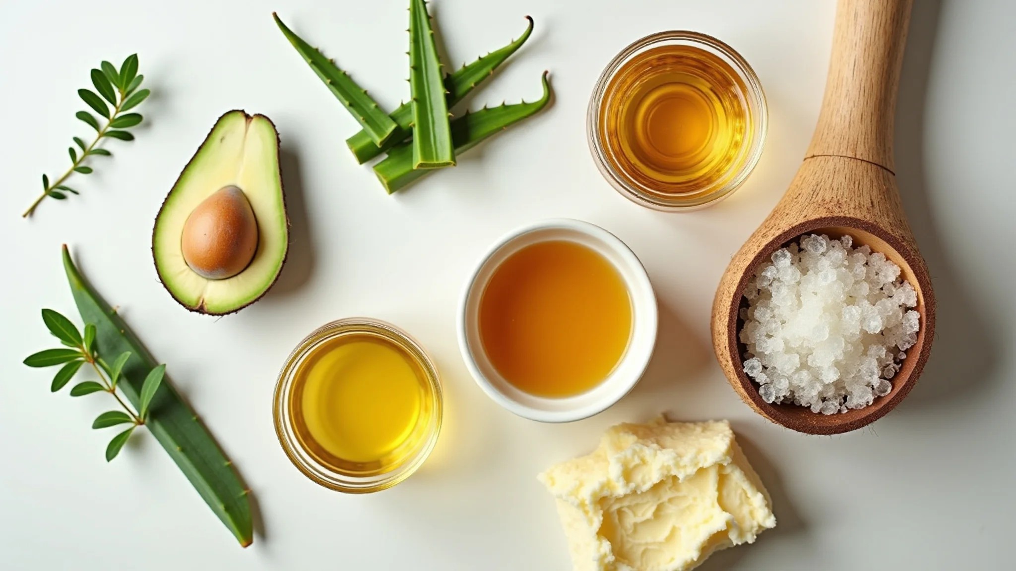 Ingredientes naturais para hidratação de cabelo loiro: aloe vera, óleo de coco, mel, abacate, manteiga de karité.