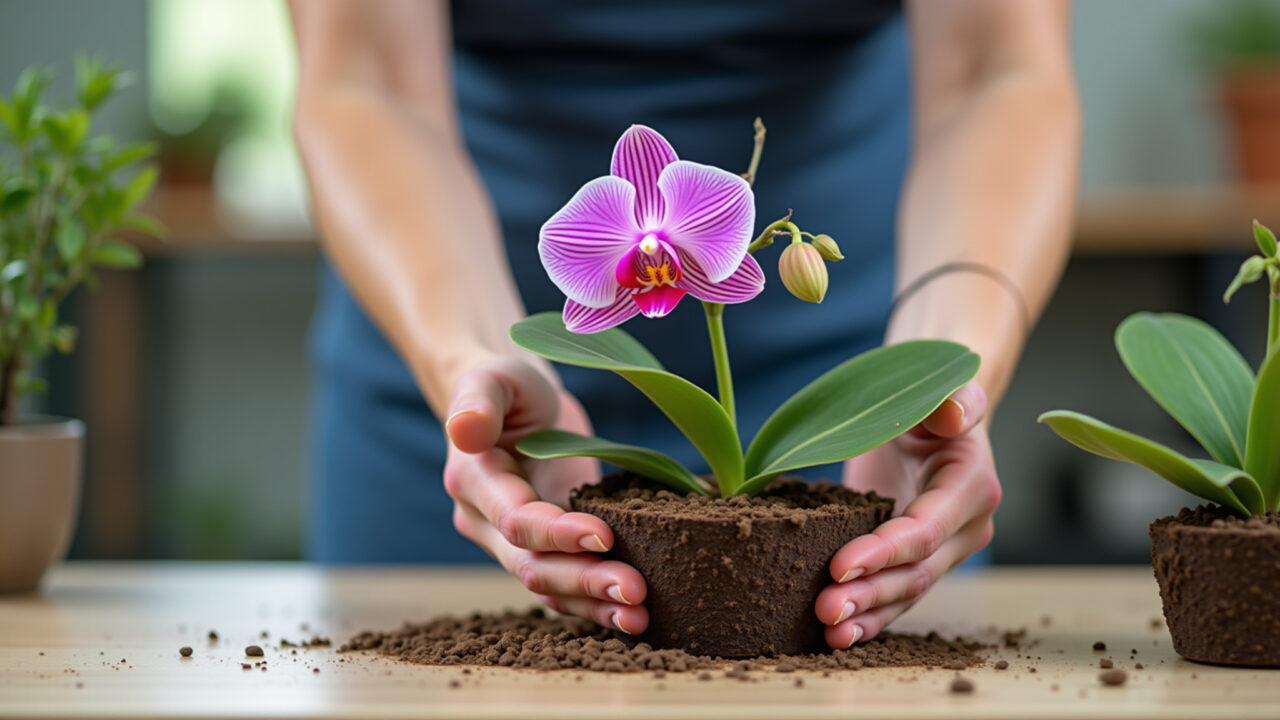 Transplantando orquídea para um vaso maior com substrato novo.