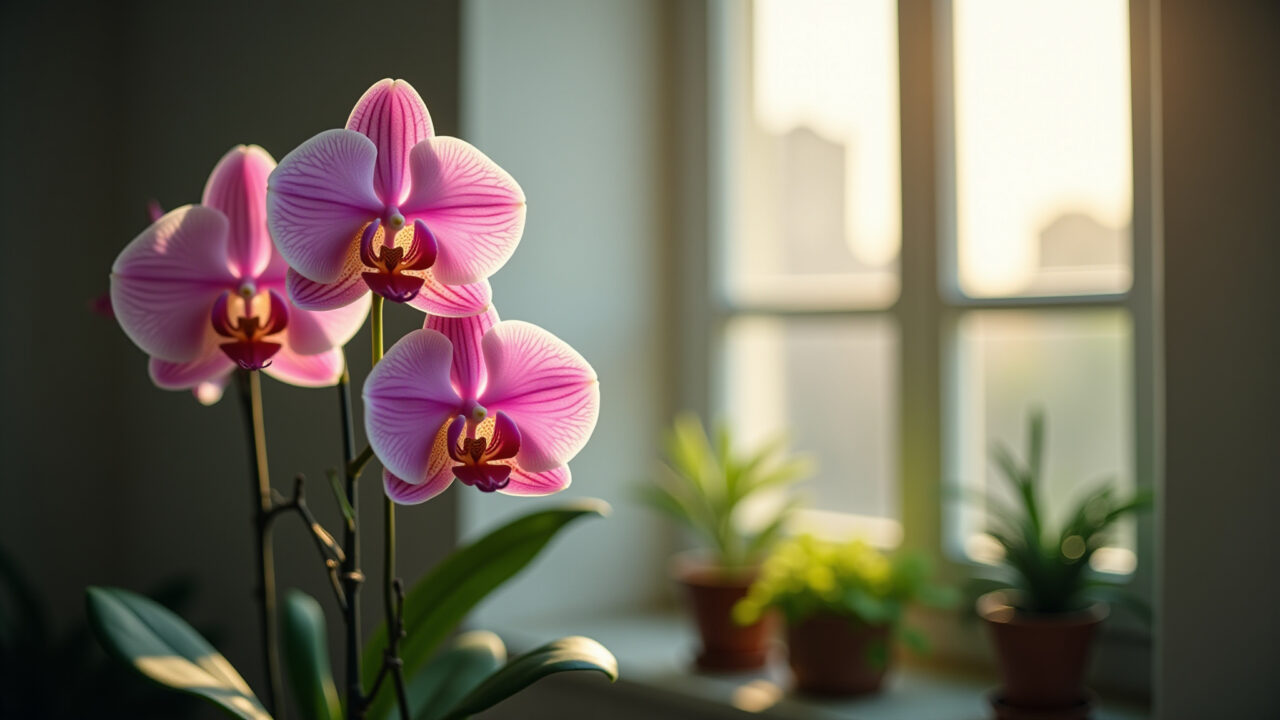 Orquídeas em ambiente ventilado com janelas abertas.