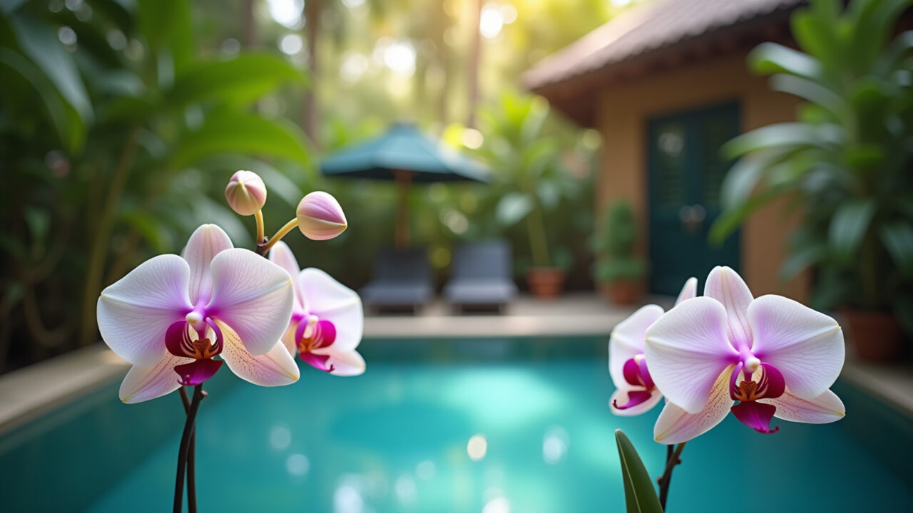 Orquídeas delicadas adornando um jardim tropical com piscina.