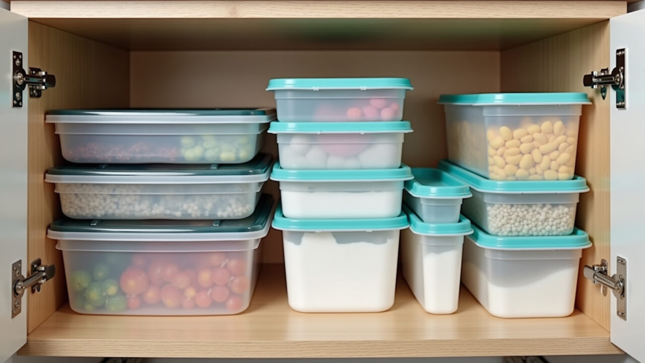 Potes de plástico organizados em armário de cozinha.