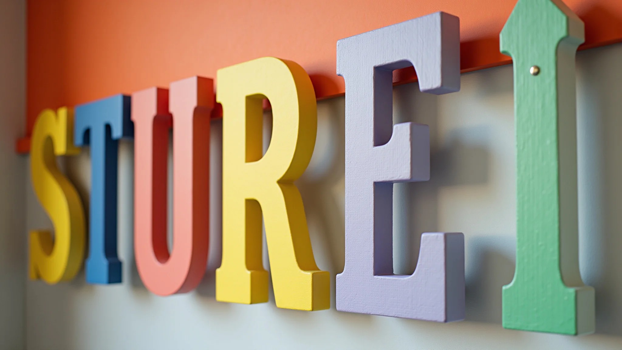 Letras de MDF pintadas formando uma palavra em uma parede colorida.