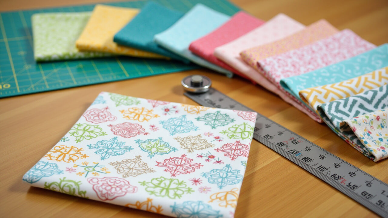 Materiais essenciais para patchwork: tecidos, cortador, régua e base de corte.