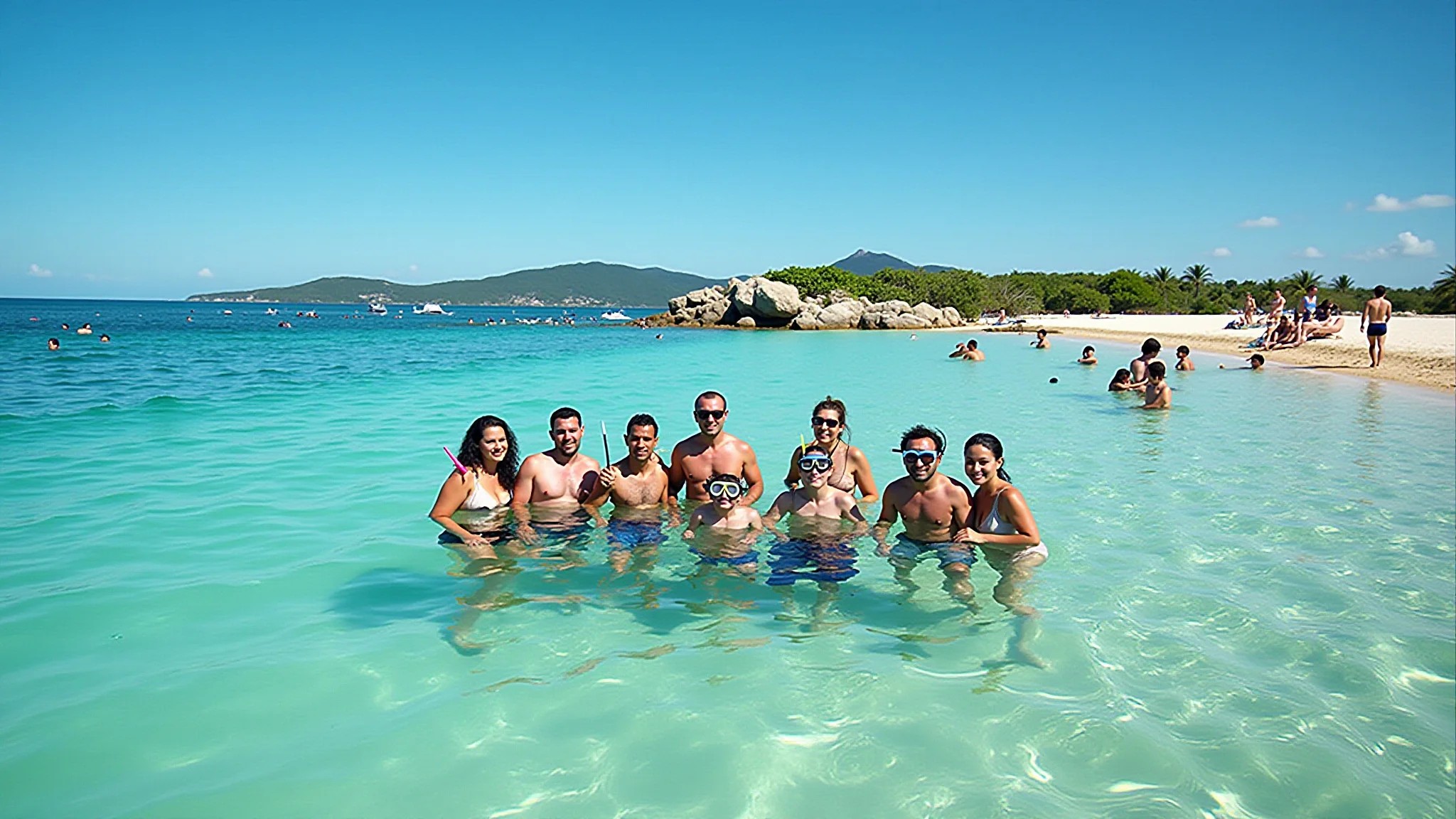 Pessoas praticando snorkel nas piscinas naturais da Barra da Lagoa, água cristalina.