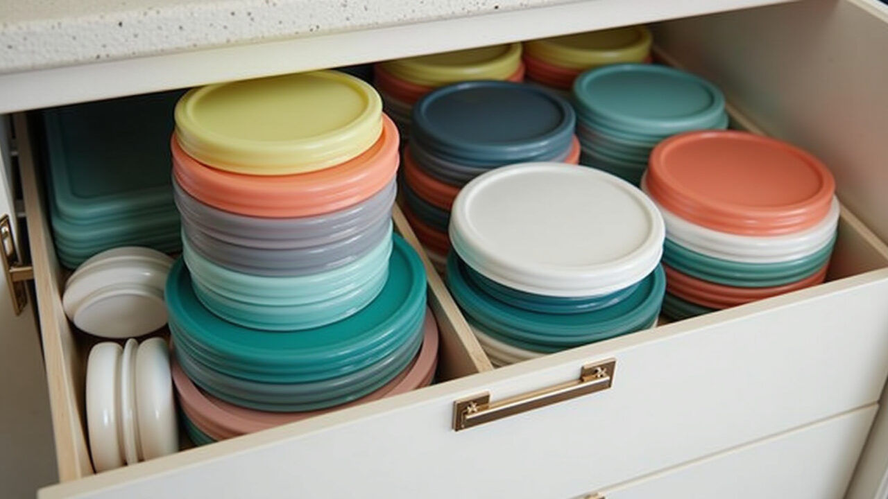 Tampas de potes de plástico organizadas em um organizador.