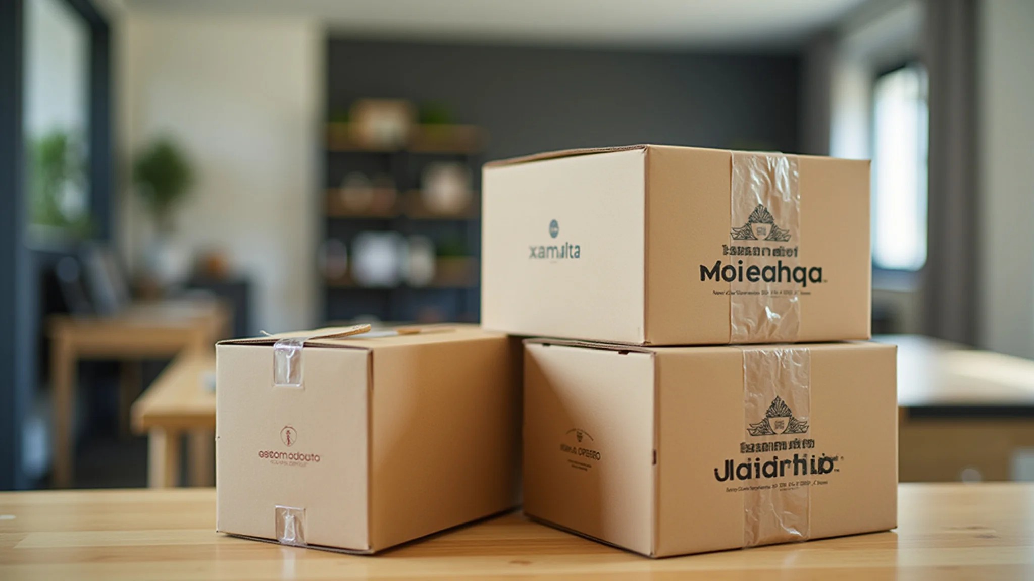 Caixas de papelão reutilizadas para envio, promovendo sustentabilidade.
