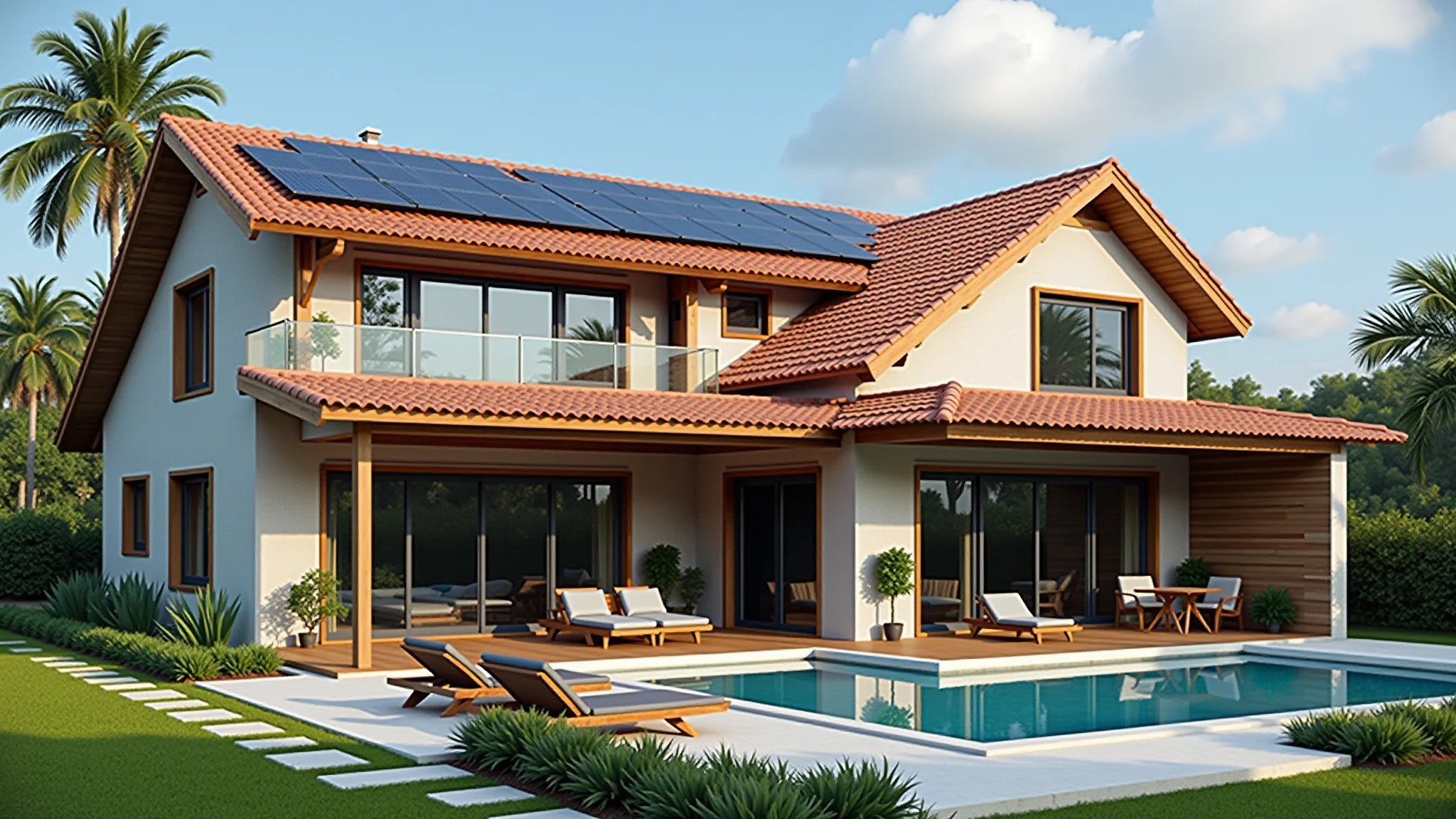 Telhas solares integradas em casa moderna brasileira, mostrando apelo estético e sustentabilidade.