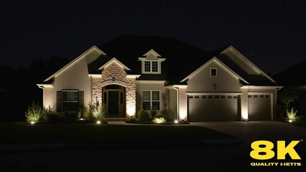Iluminação externa estratégica iluminando o perímetro de uma casa com sensores de movimento.