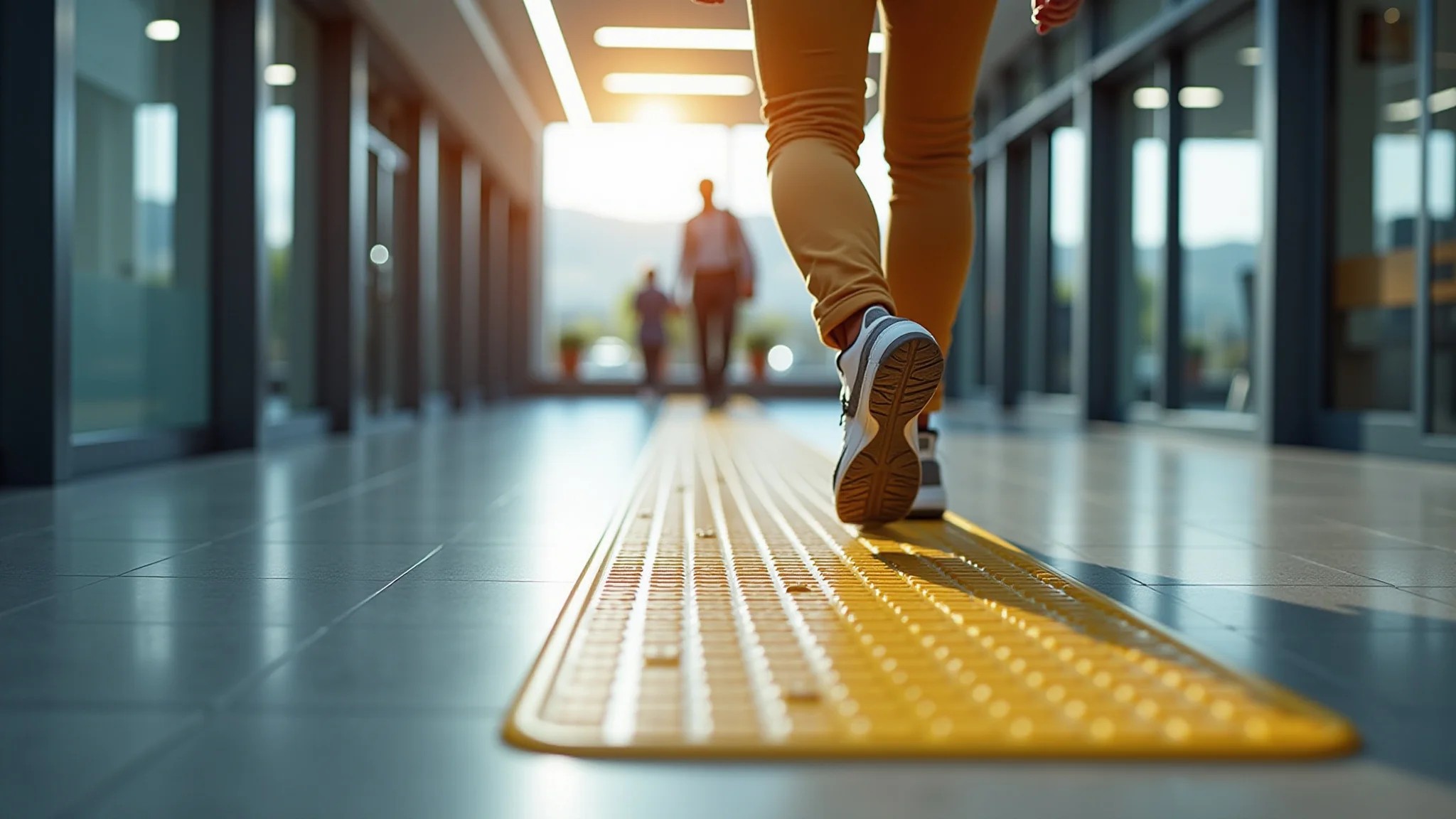 Piso tátil guiando pessoa com deficiência visual em espaço comercial.