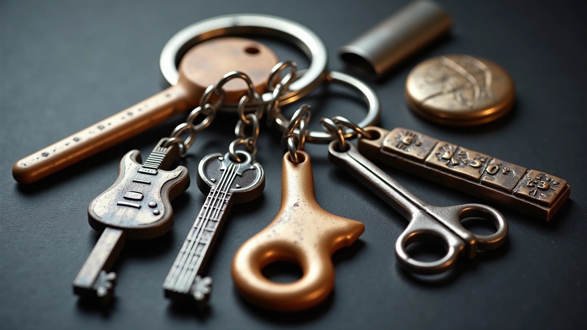 Chaveiros temáticos refletindo hobbies e paixões, como instrumentos musicais e equipamentos esportivos.