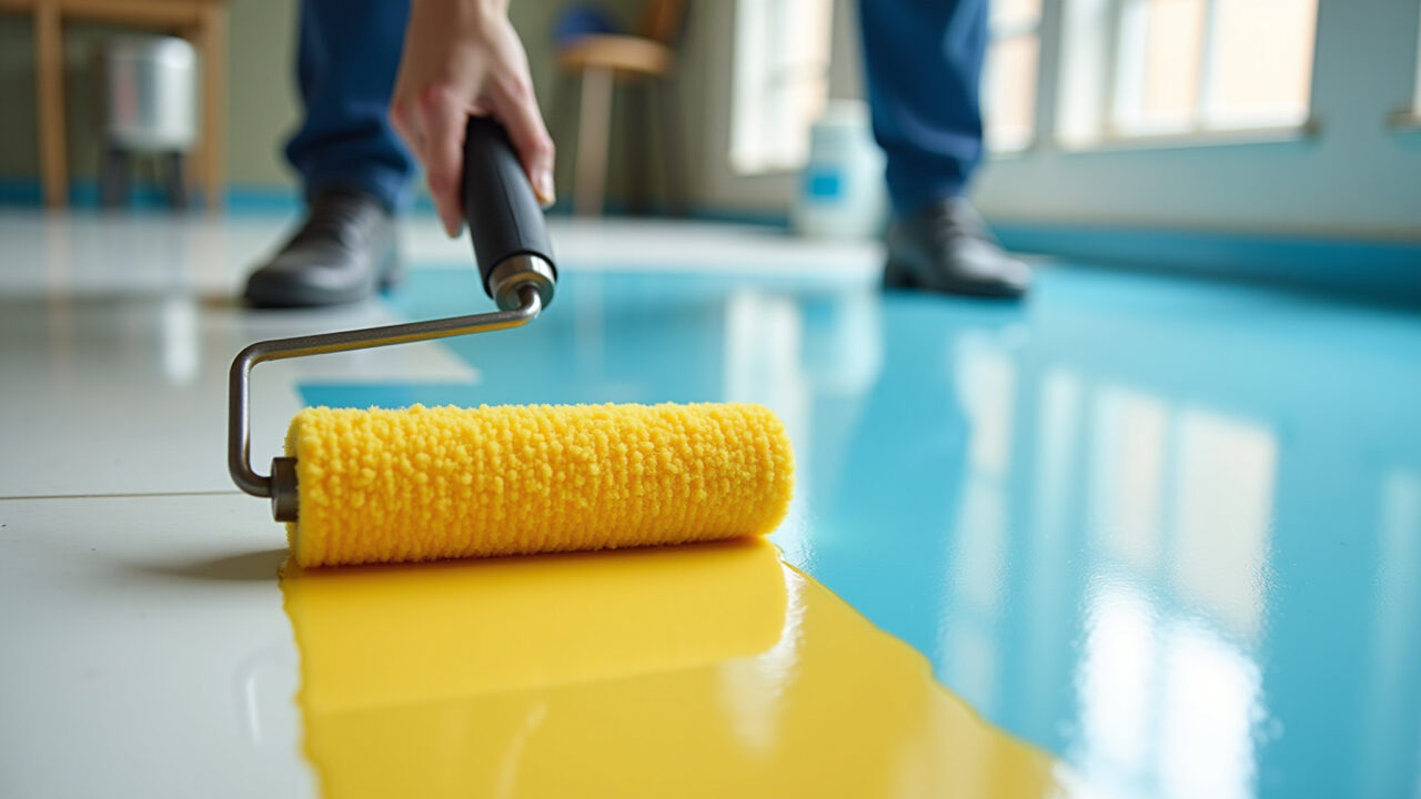 Aplicação de camadas finas de tinta em piso cerâmico.