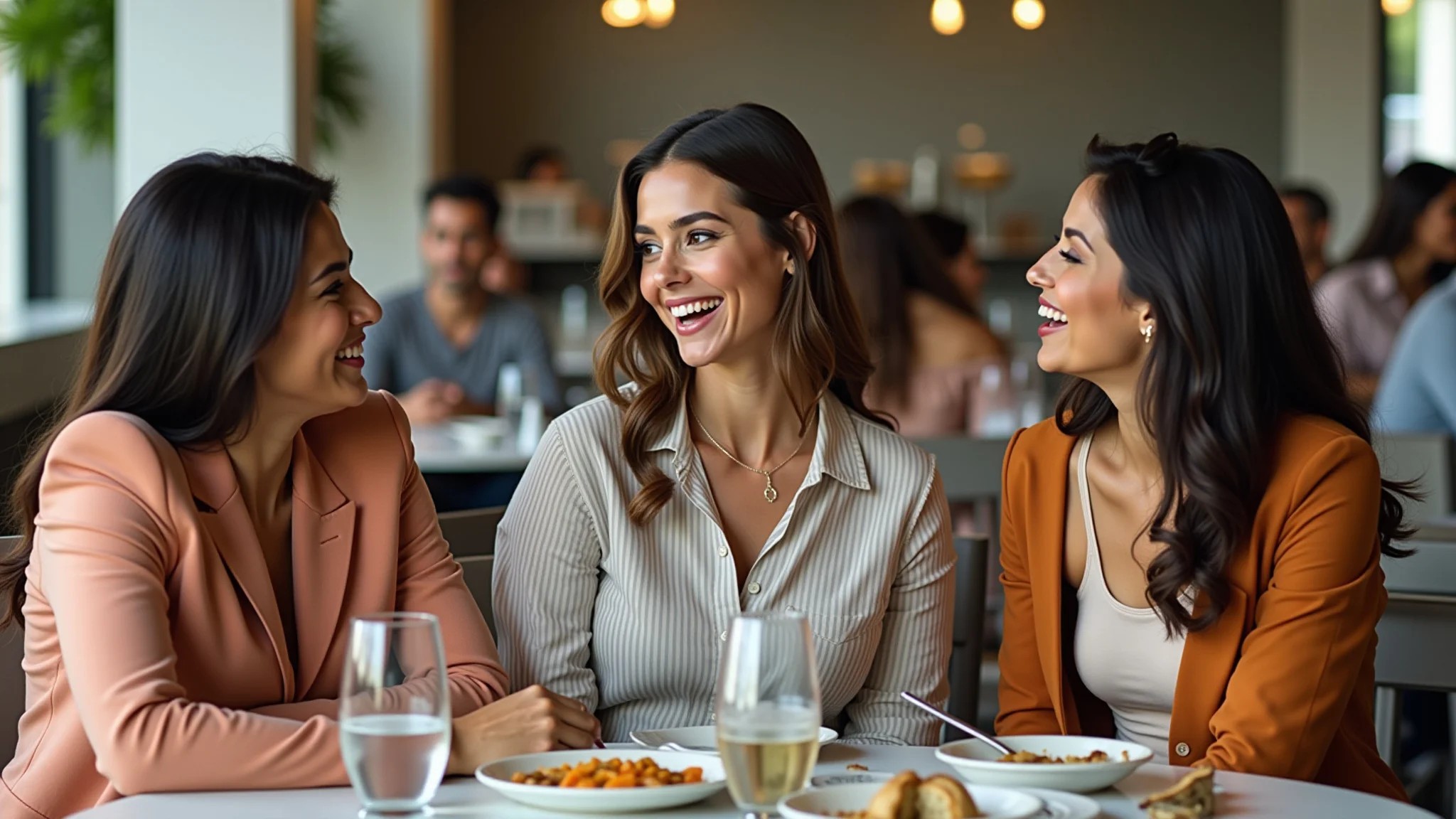 Três amigas conversando em um brunch, vestindo roupas casuais estilosas.