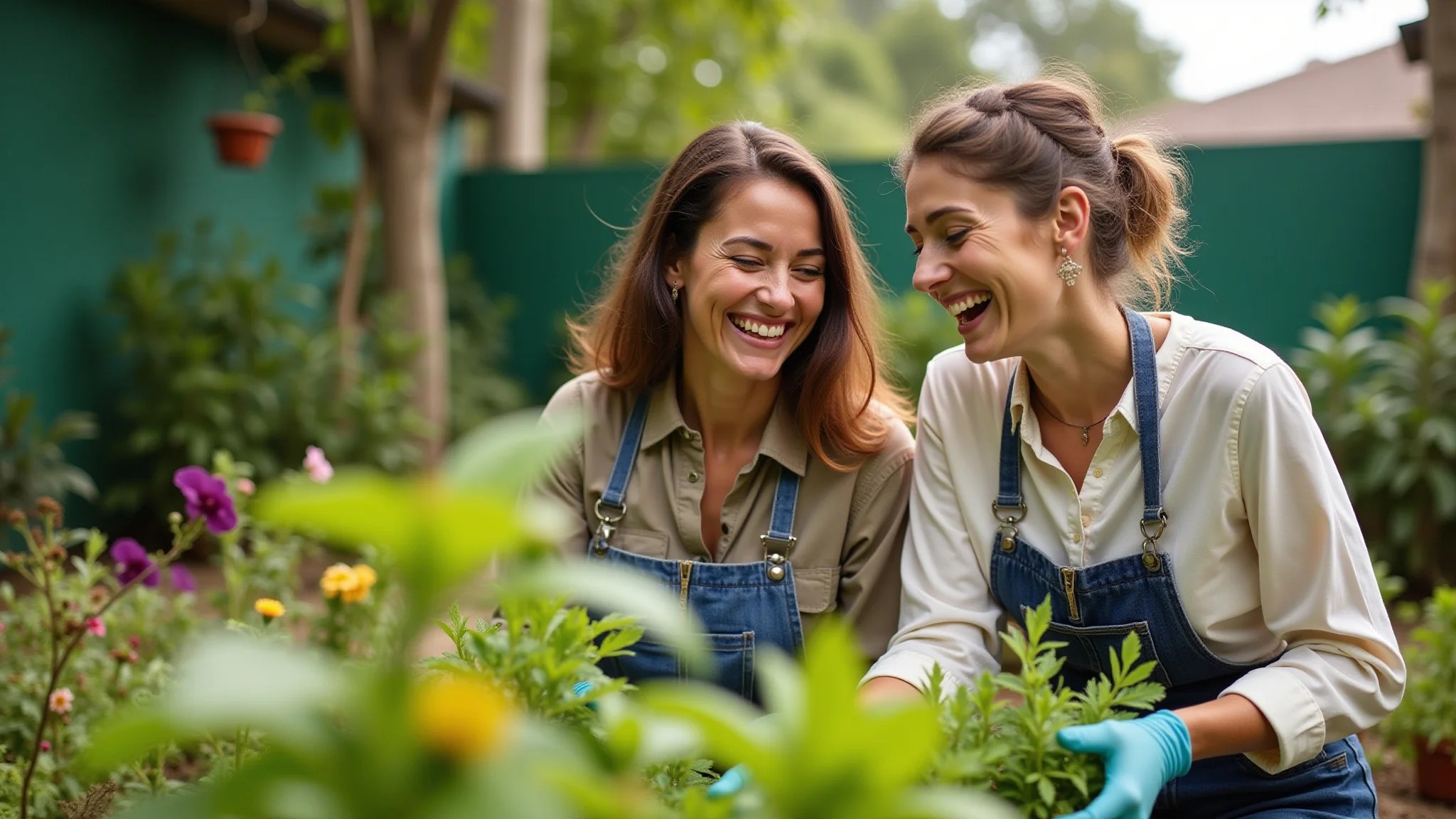 Duas mulheres rindo juntas enquanto jardinam em quintal vibrante.