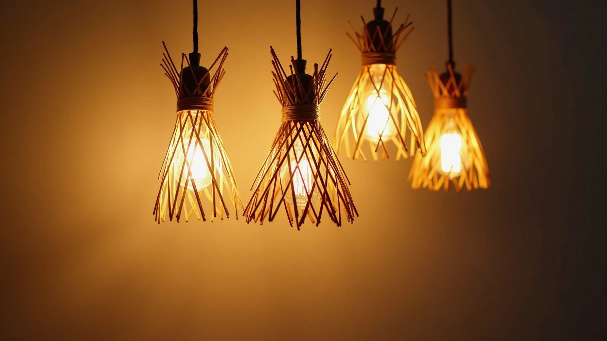 Luminárias e abajures originais feitos com palitos de churrasco, luz aconchegante.