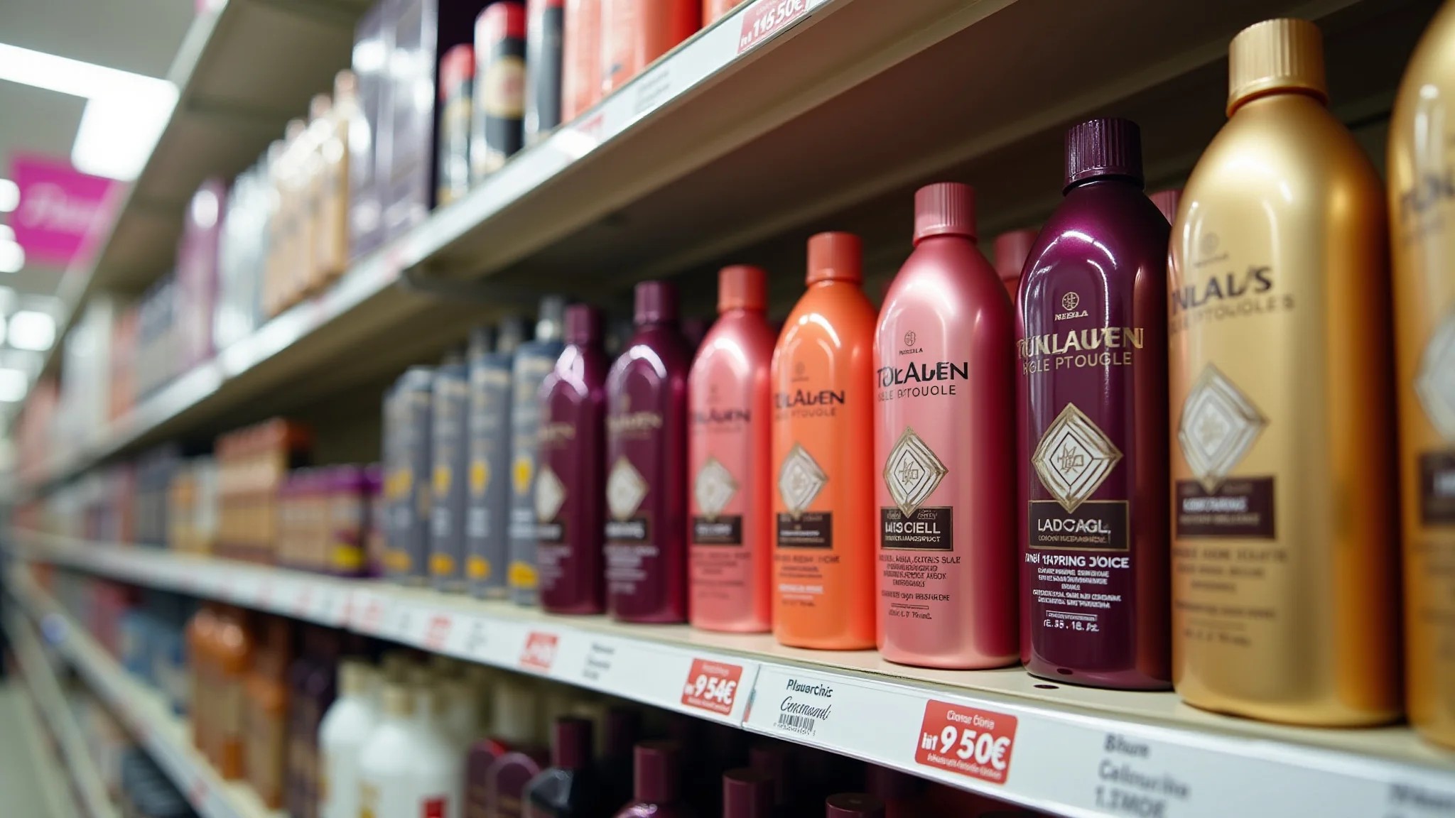 Produtos de cabelo acessíveis (Skala, Niely Gold) em uma prateleira de drogaria brasileira.