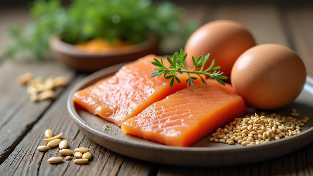 Fontes de vitaminas do complexo B: ovos, peixe, grãos integrais.