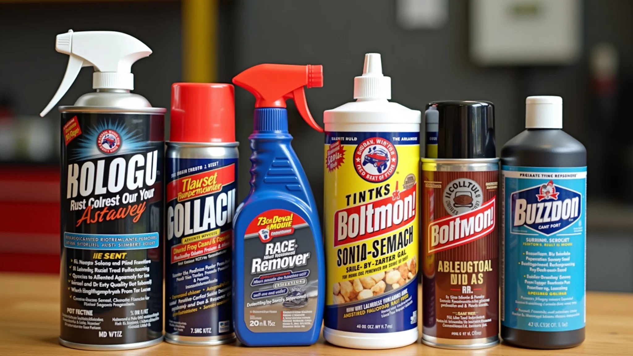 Diversos produtos removedores de ferrugem em bancada de trabalho.