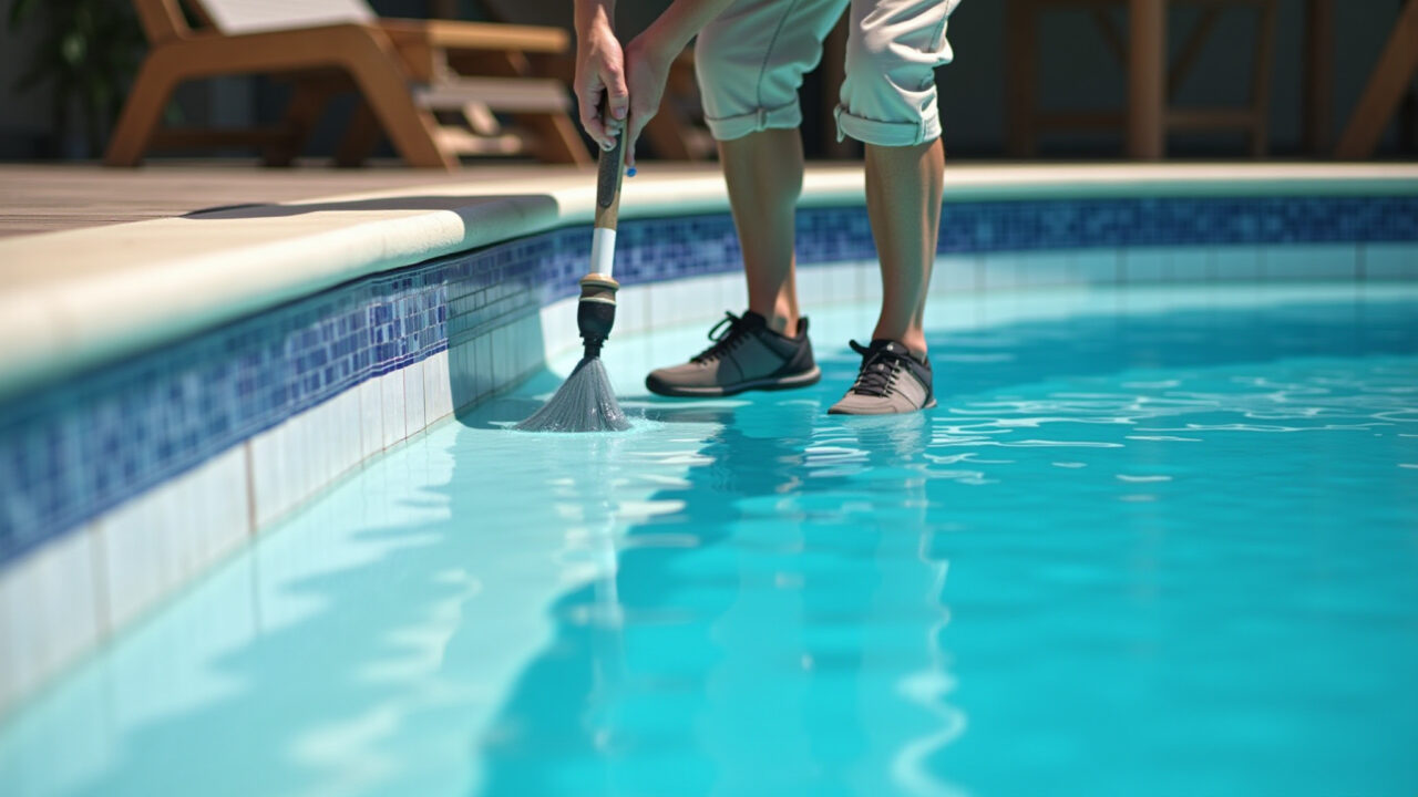 Aplicação de rejunte impermeável em piscina.