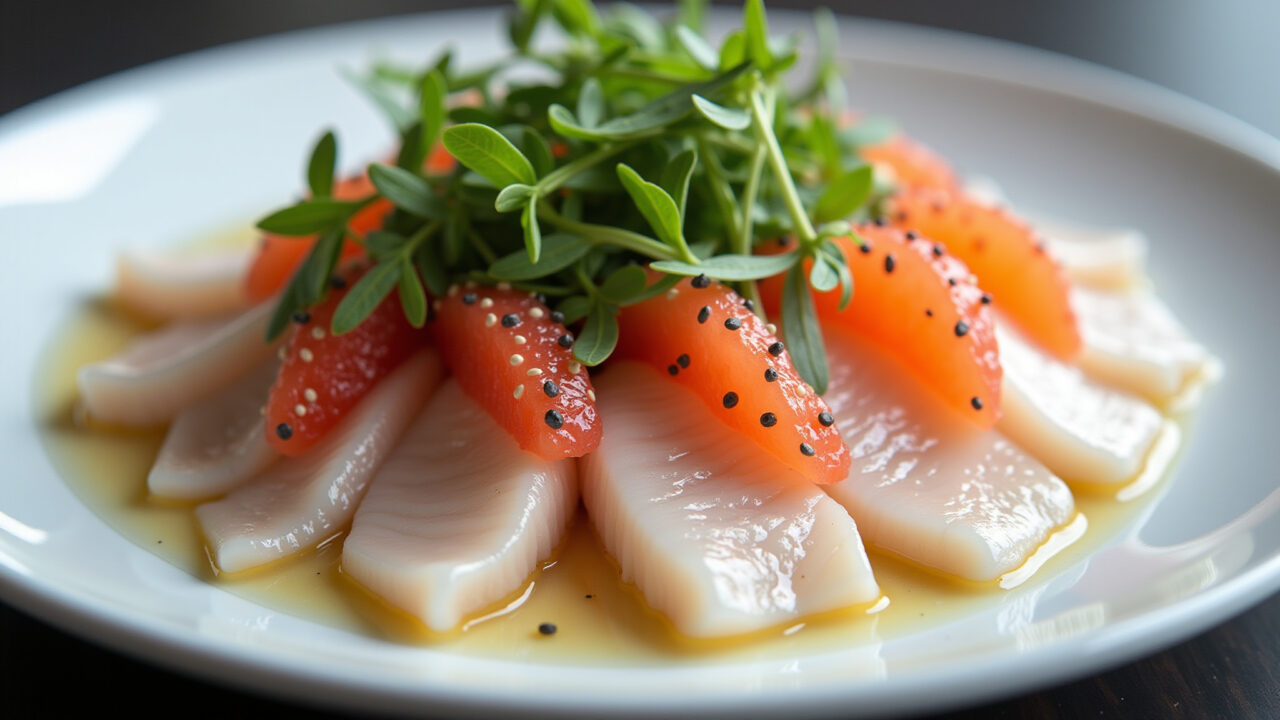 Crudo de Peixe Branco com Pimenta Rosa e Laranja Sanguínea, elegante e picante.