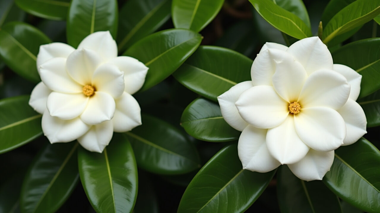 Gardênias brancas exuberantes com perfume intenso.