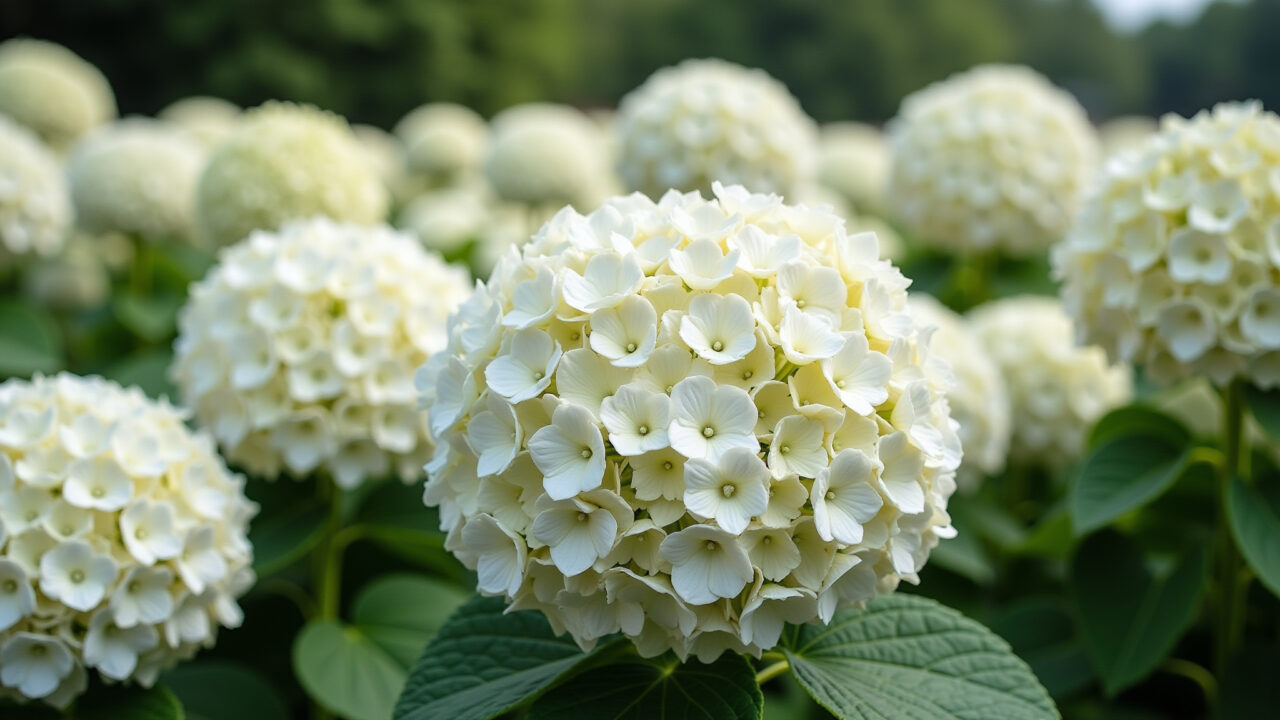 Hortênsias brancas em plena floração, criando um mar de flores.