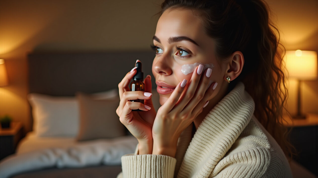 Mulher aplicando óleo facial à noite.