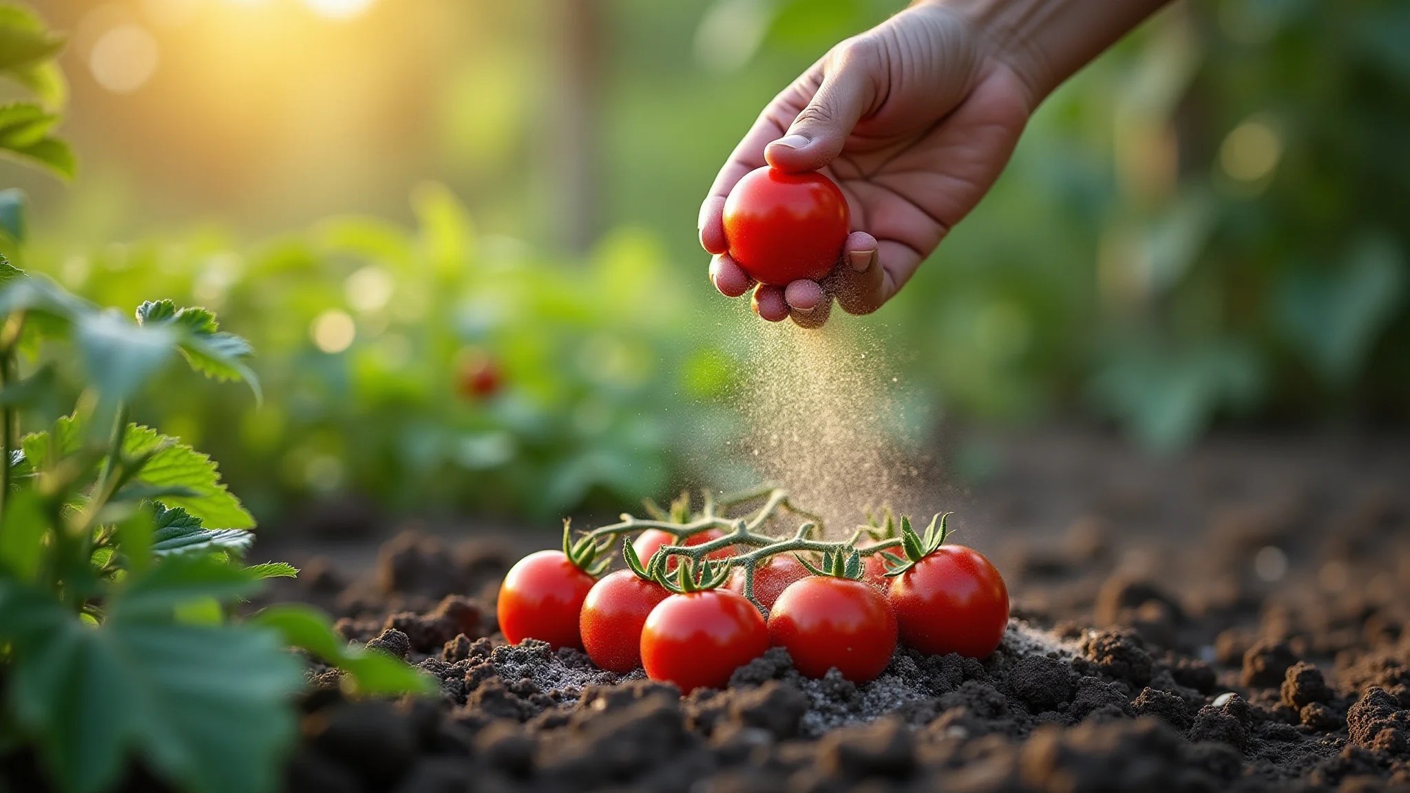 Cinzas de madeira sendo usadas como adubo em plantação de tomates.