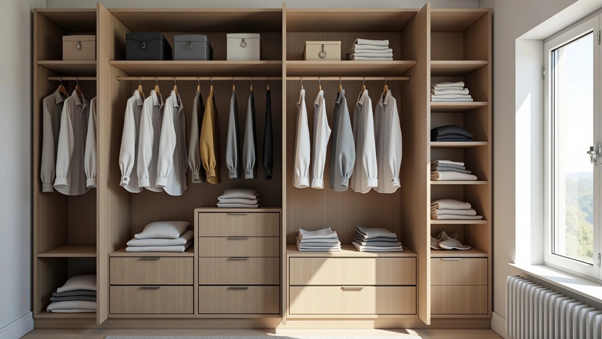 Interior de um guarda-roupa organizado com roupas dobradas e penduradas.
