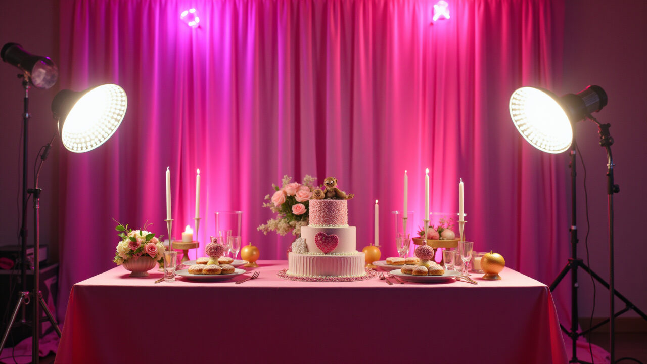 Iluminação rosa e cênica para festa da Barbie com refletores e luzes de LED.