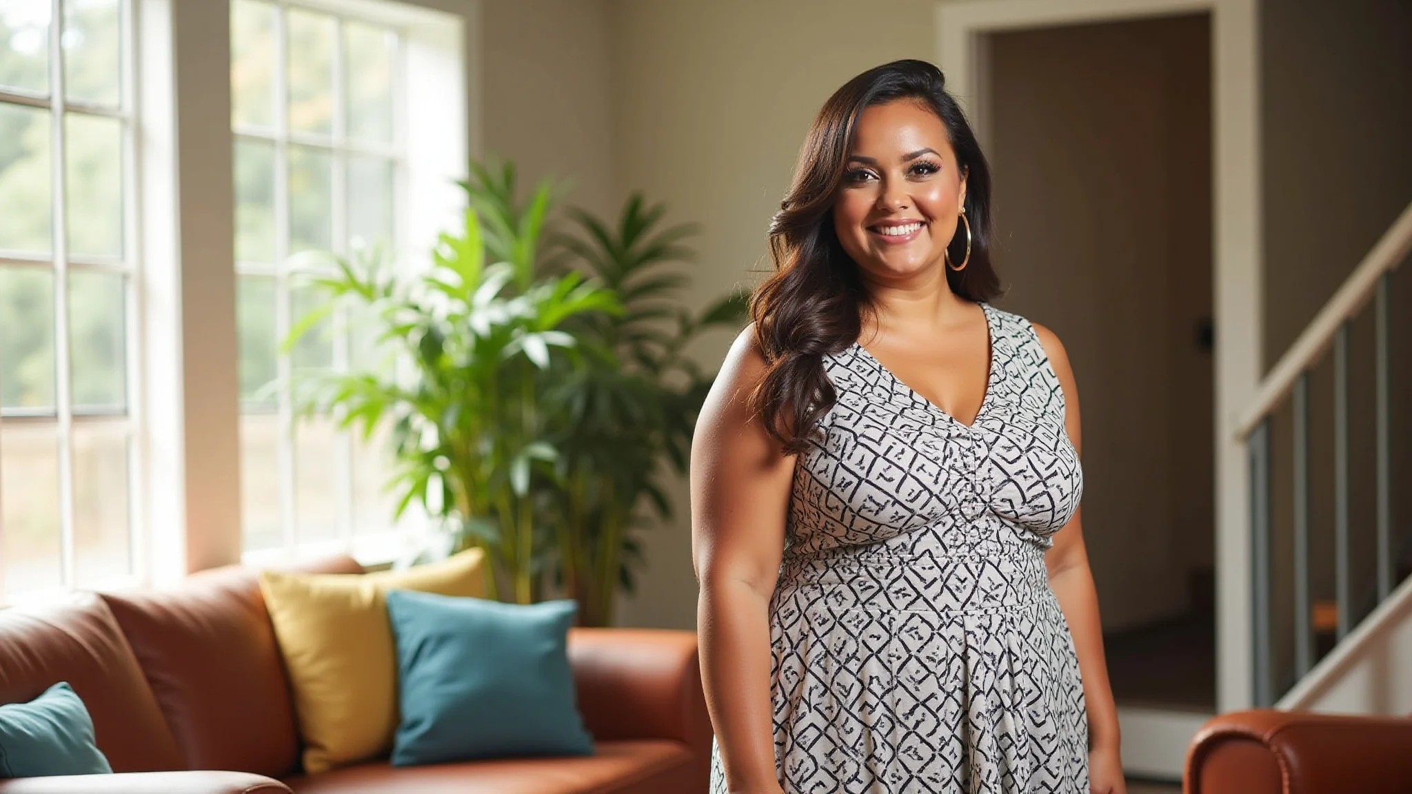 Mulher plus size com vestido midi geométrico em ambiente Farm Rio.