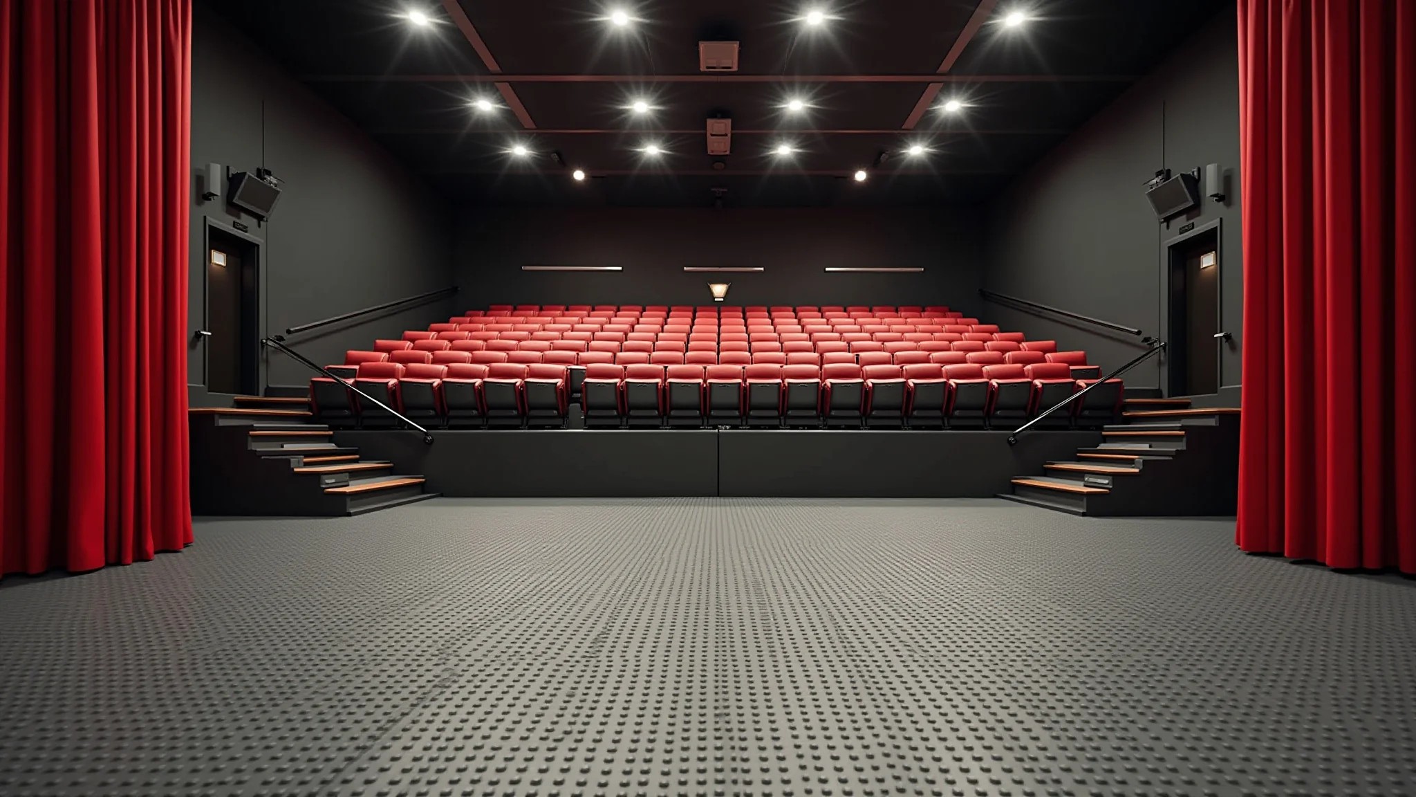 Instalação de piso de borracha em um palco de teatro, com iluminação profissional.