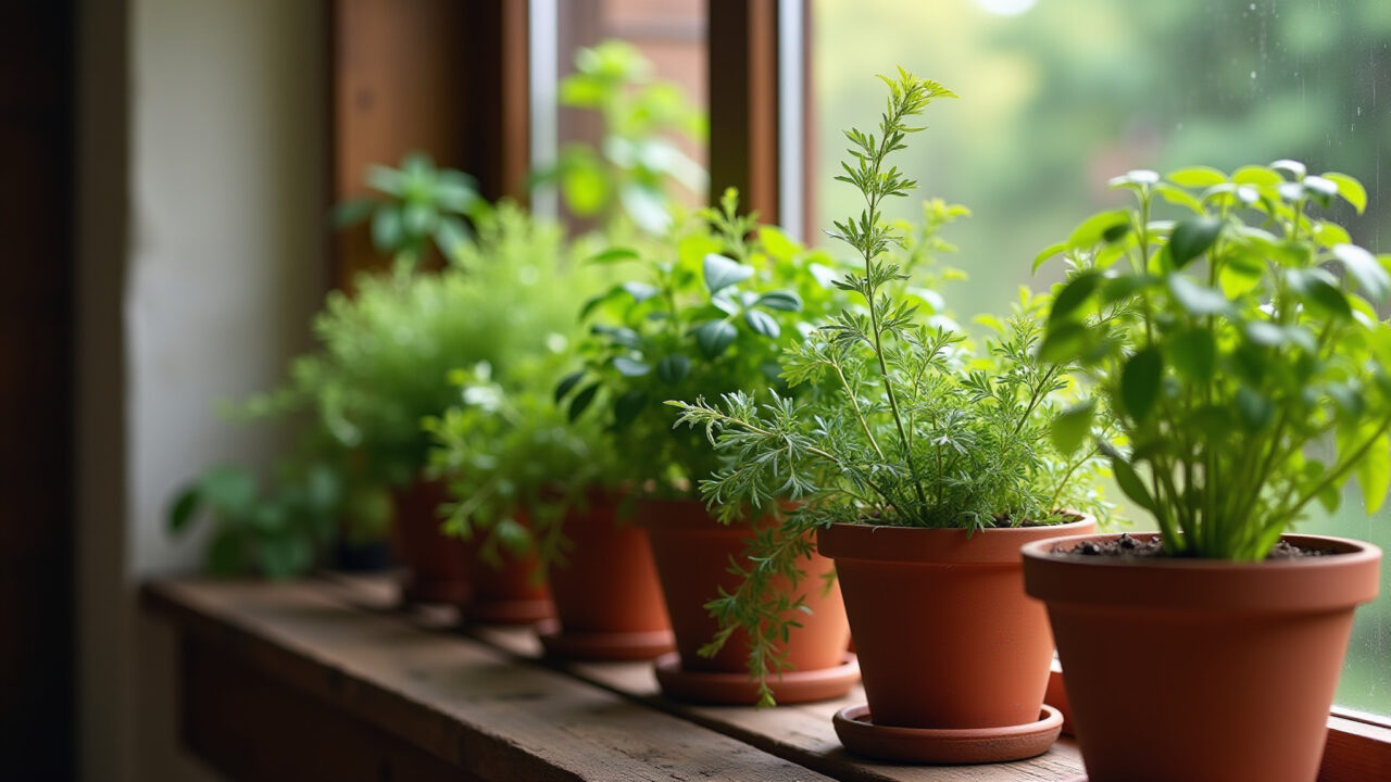 Varanda gourmet rústica com plantas aromáticas em vasos de barro.