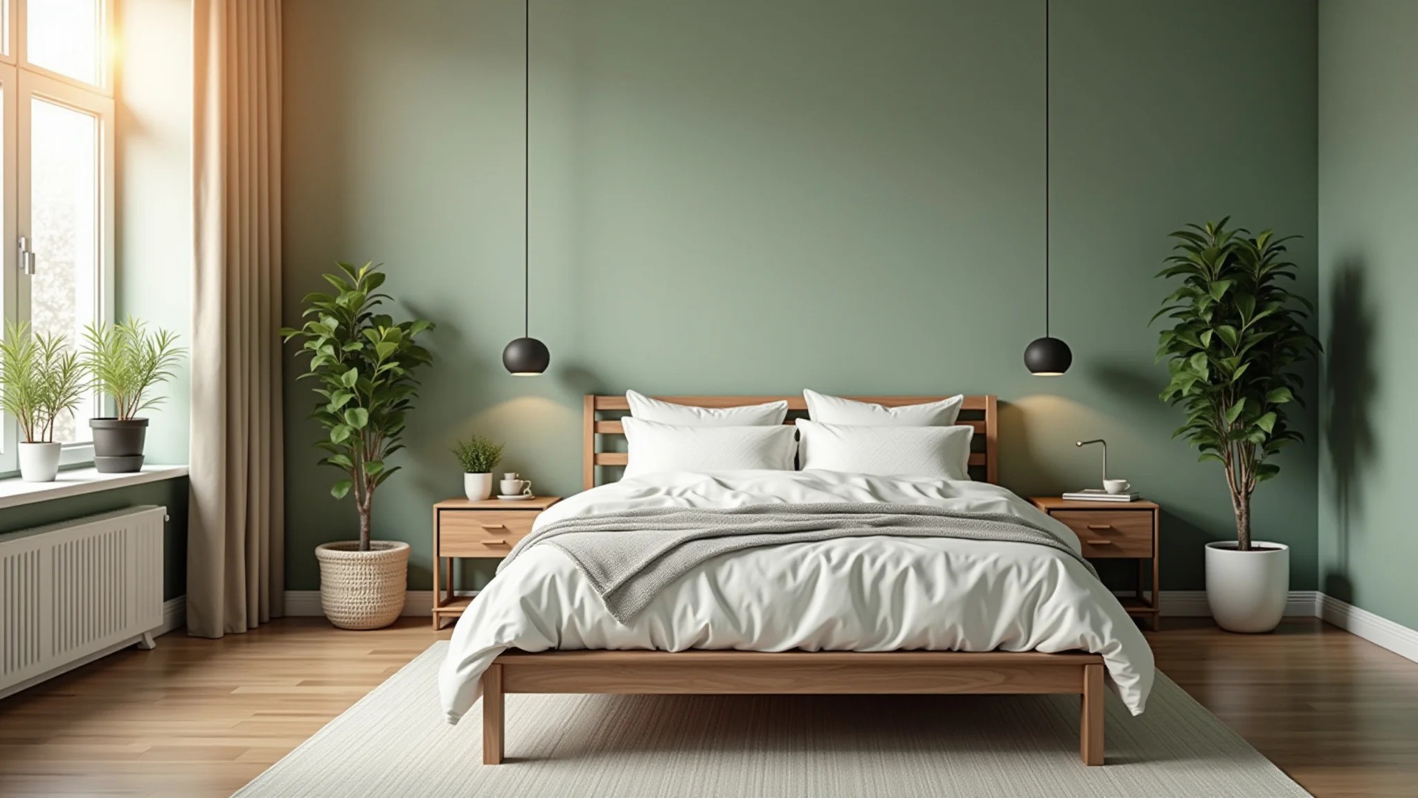 Quarto sereno com paredes verde sálvia, roupa de cama branca e detalhes em madeira.