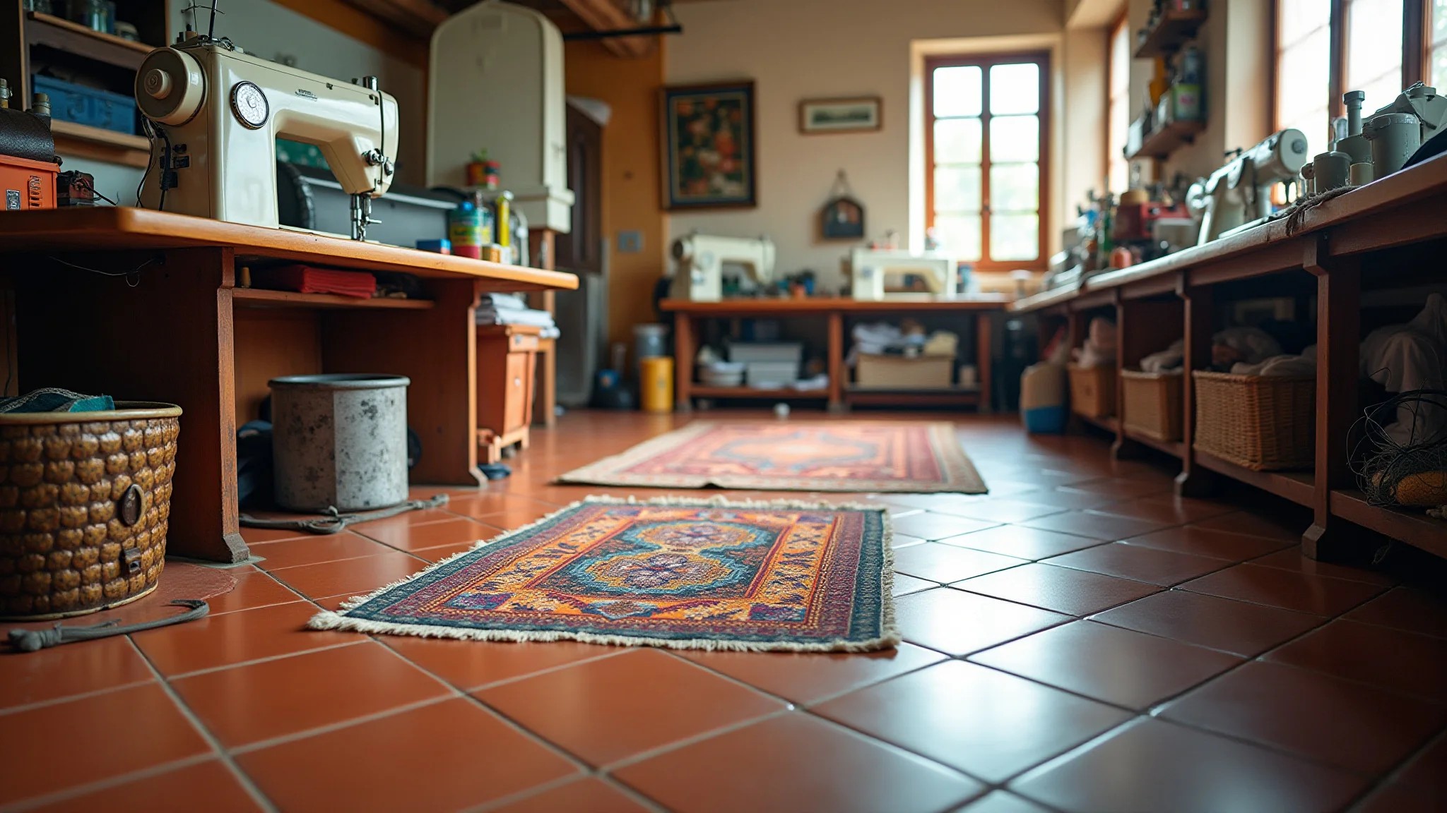 Ateliê de costura com piso de cerâmica, tapetes coloridos e máquina de costura.