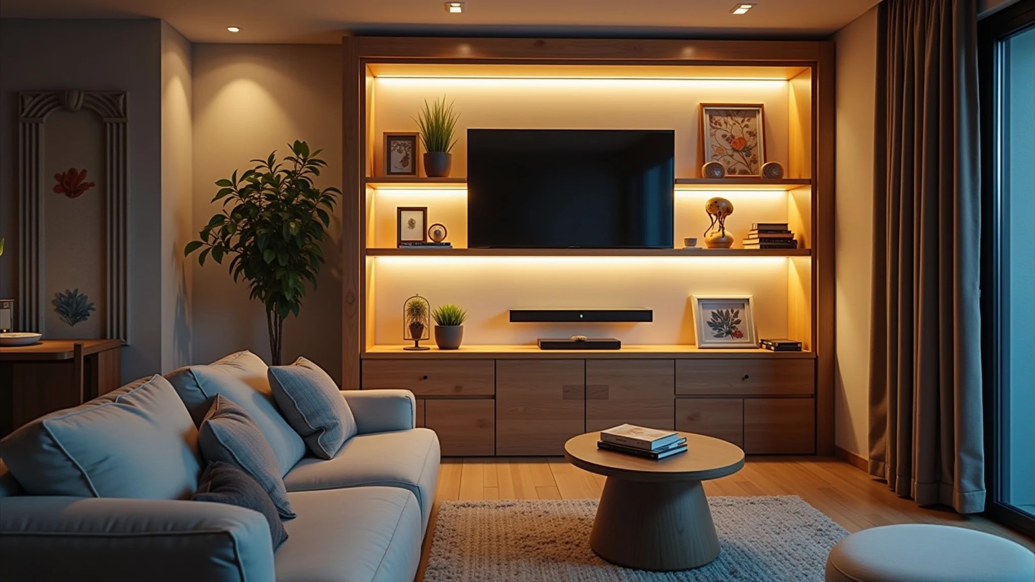 Sala pequena com fitas de LED indiretas destacando prateleiras e decoração, atmosfera aconchegante.