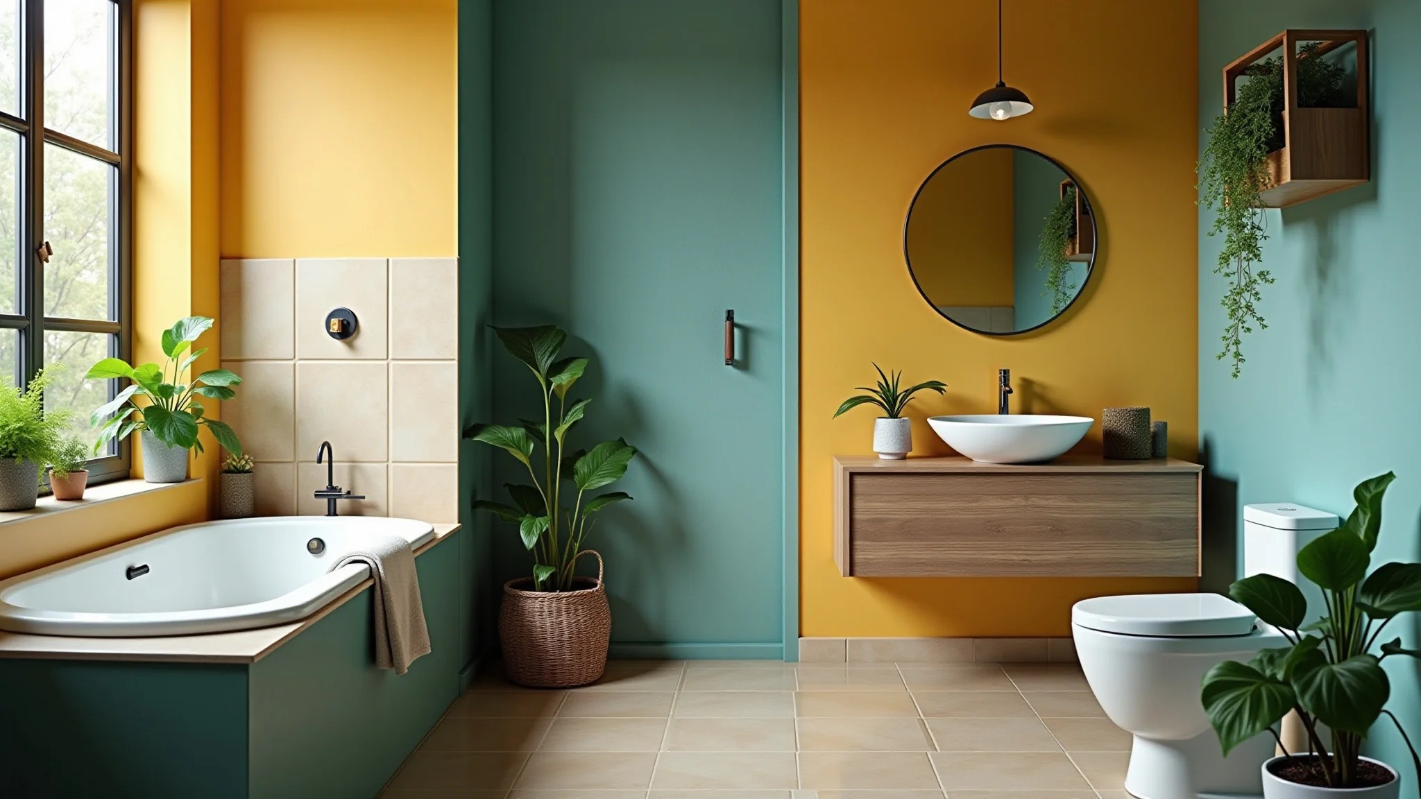 Banheiro pequeno e reformado com plantas, cores vibrantes, luz natural e estilo brasileiro.