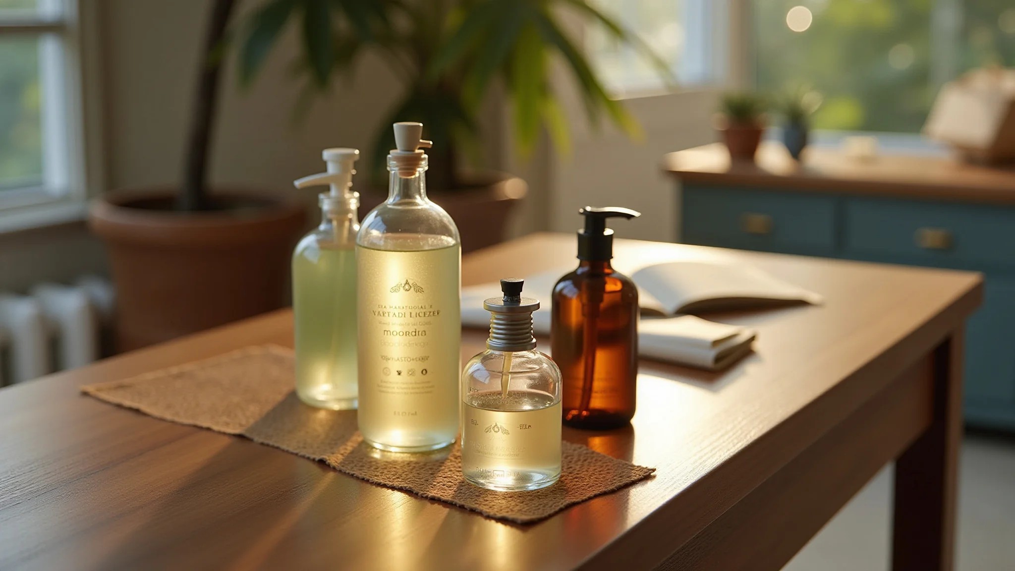Tipos de aromatizadores caseiros em diferentes frascos.