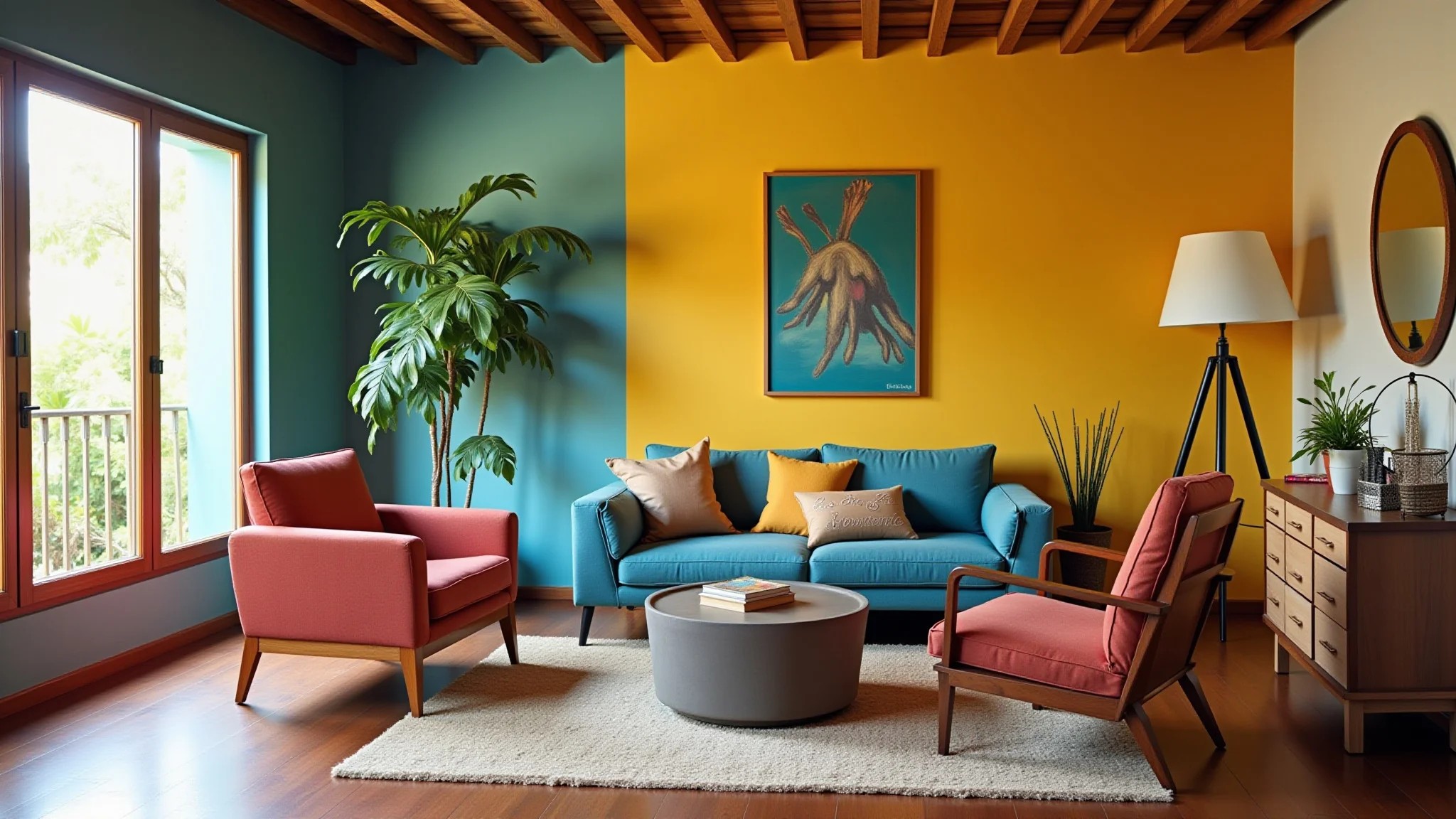 Móveis reciclados em sala brasileira vibrante com decoração DIY e iluminação natural.