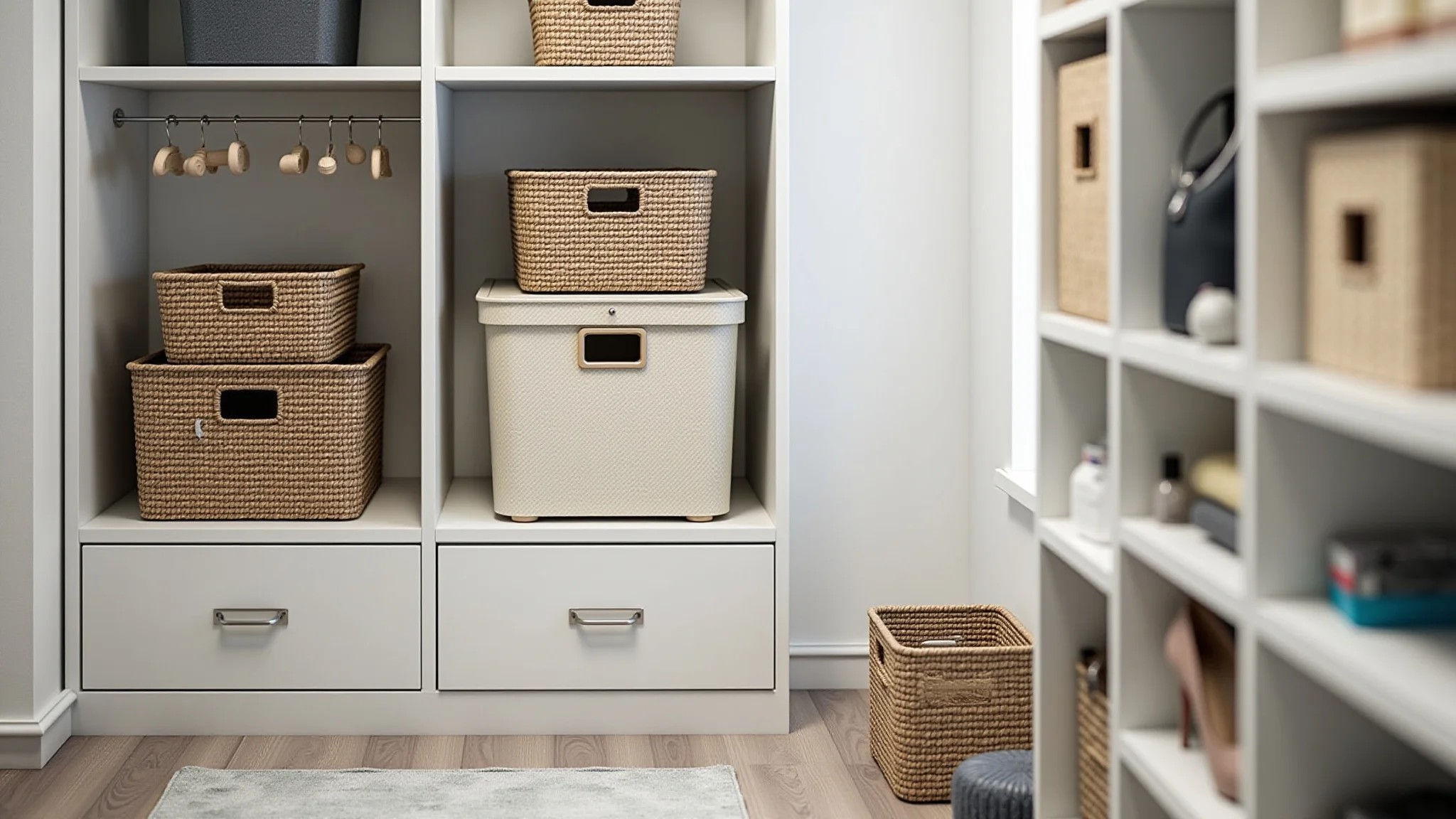 Acessórios de organização de guarda-roupa, como caixas, cestos e cabides.