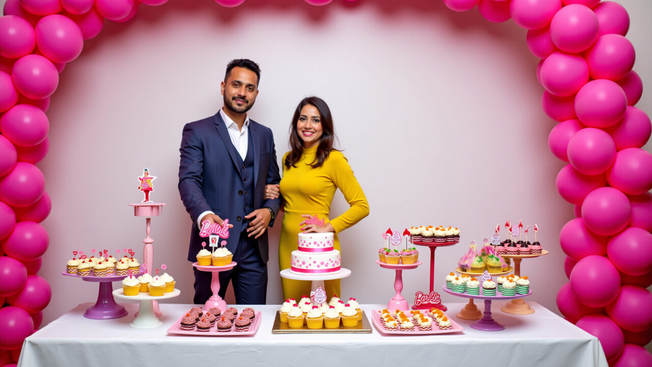 Decoração vibrante de festa da Barbie com arco de balões rosa e mesa de doces temática.